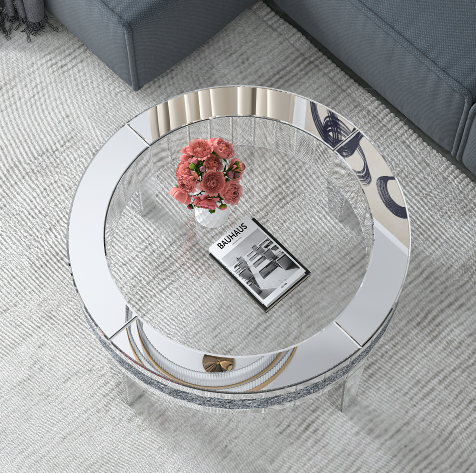 Round Glass Top Silver Accent Table Decor With Crushed Diamond Coffee Table