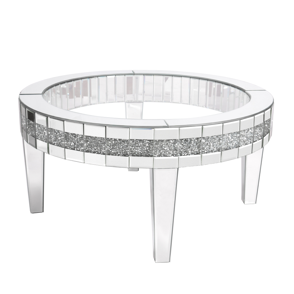 Round Glass Top Silver Accent Table Decor With Crushed Diamond Coffee Table