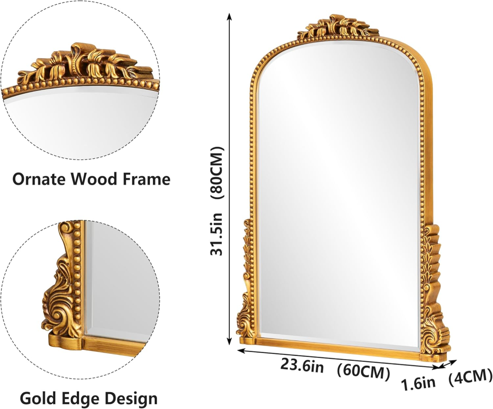SHYFOY Antique Wall Mirror Gold Baroque Ornate, Traditional Elegant Old Mirror