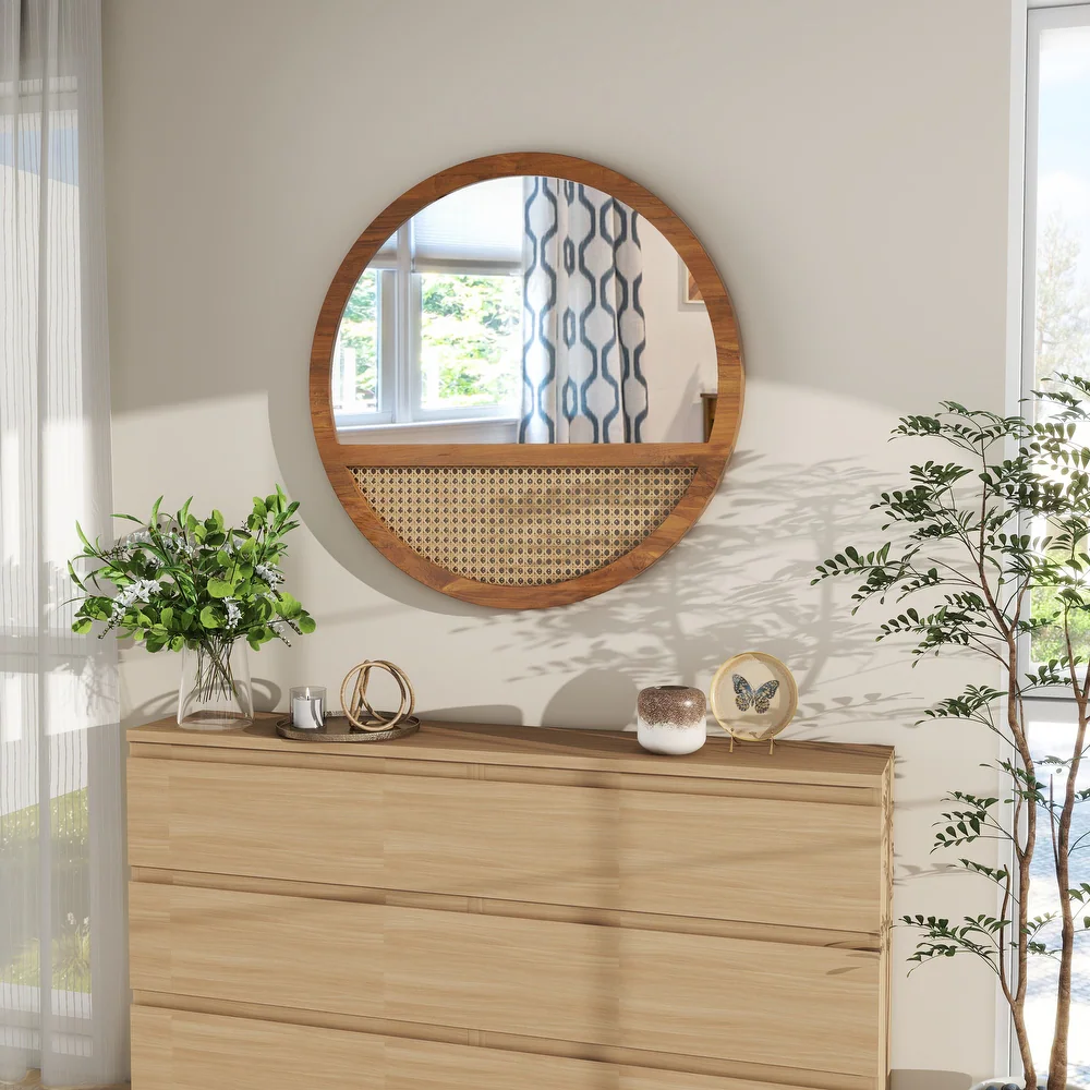Rattan Round Mirror 24 Inch Bohemian Accent Wall Mirror - 24"×24" /SF-WM189
