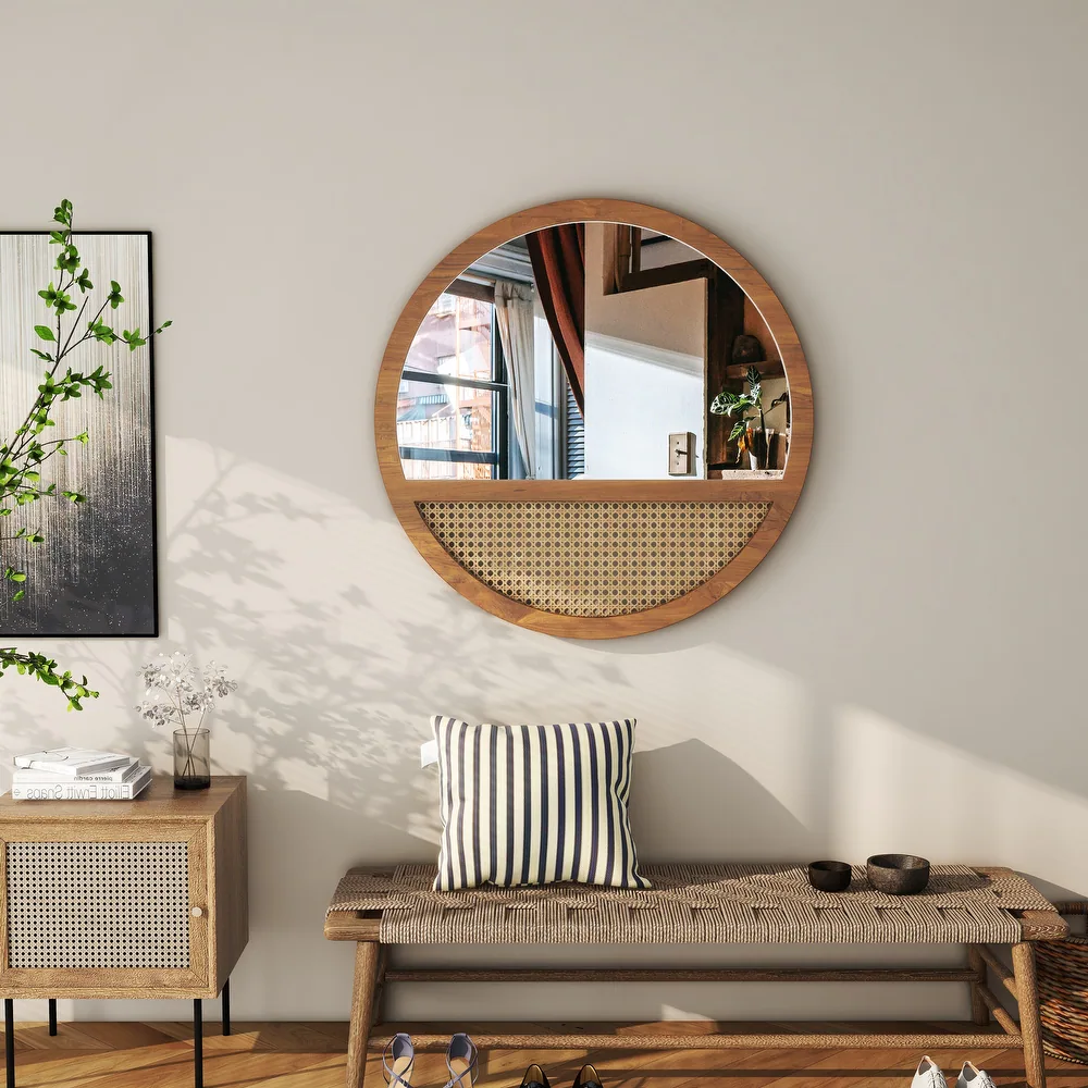 Rattan Round Mirror 24 Inch Bohemian Accent Wall Mirror - 24"×24" /SF-WM189