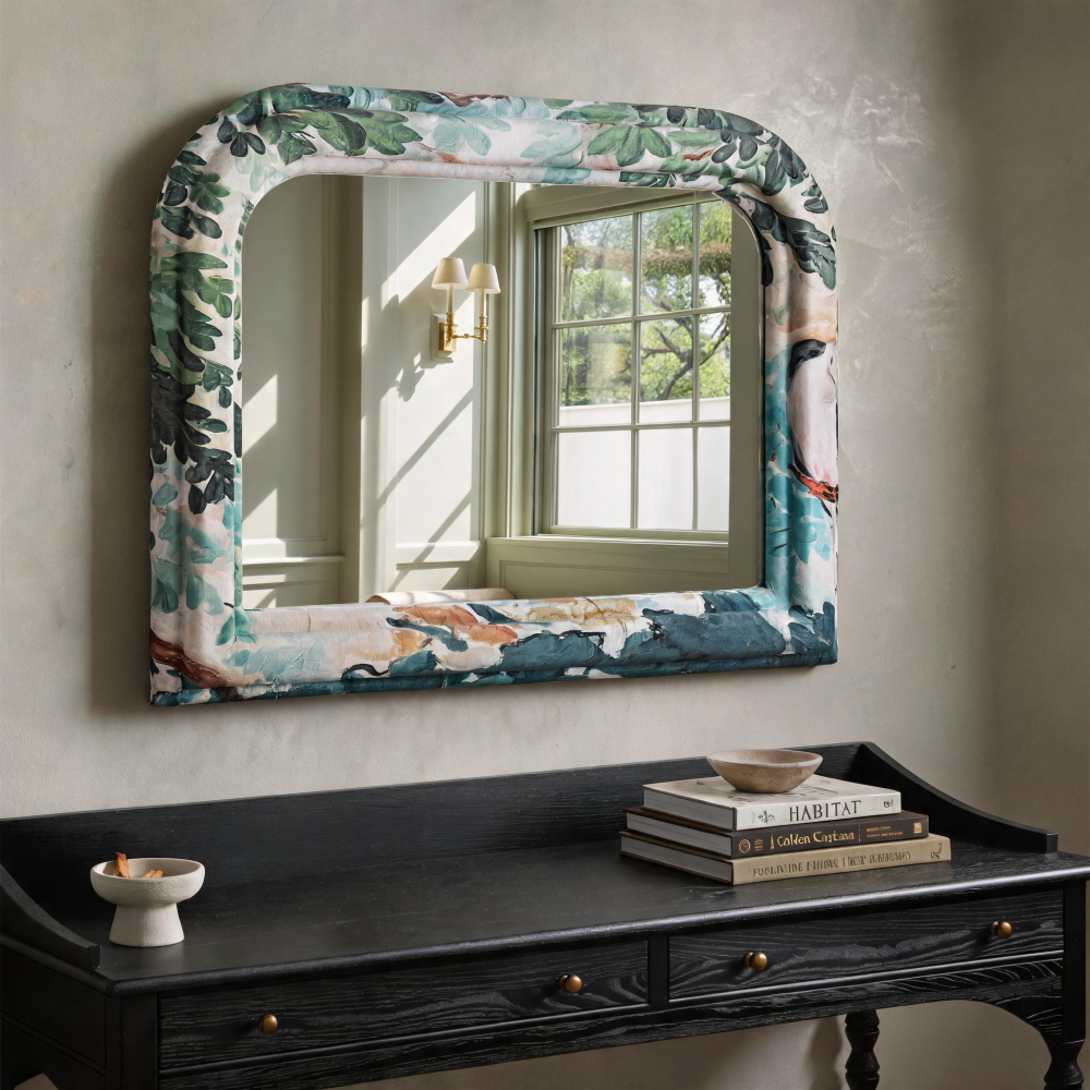 Arched Floral Fabric Wrapped Wood Frame Horizontal Wall Mirror