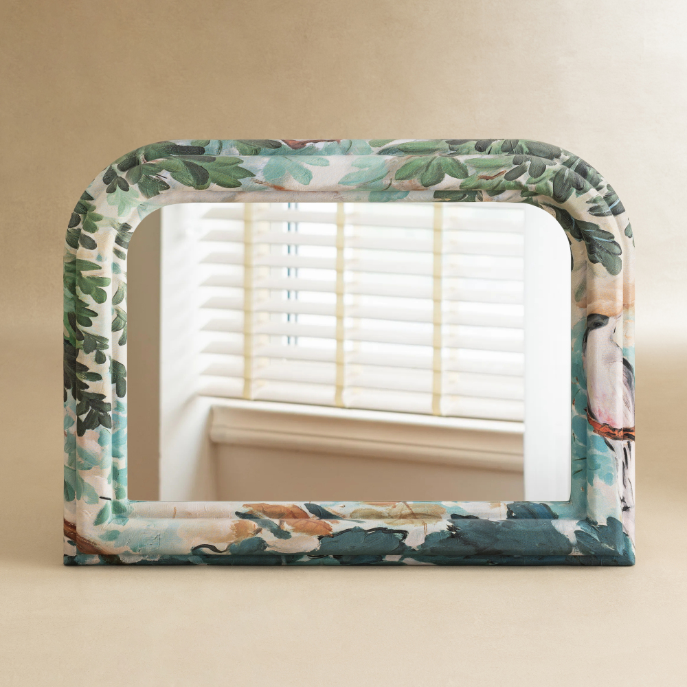Arched Floral Fabric Wrapped Wood Frame Horizontal Wall Mirror