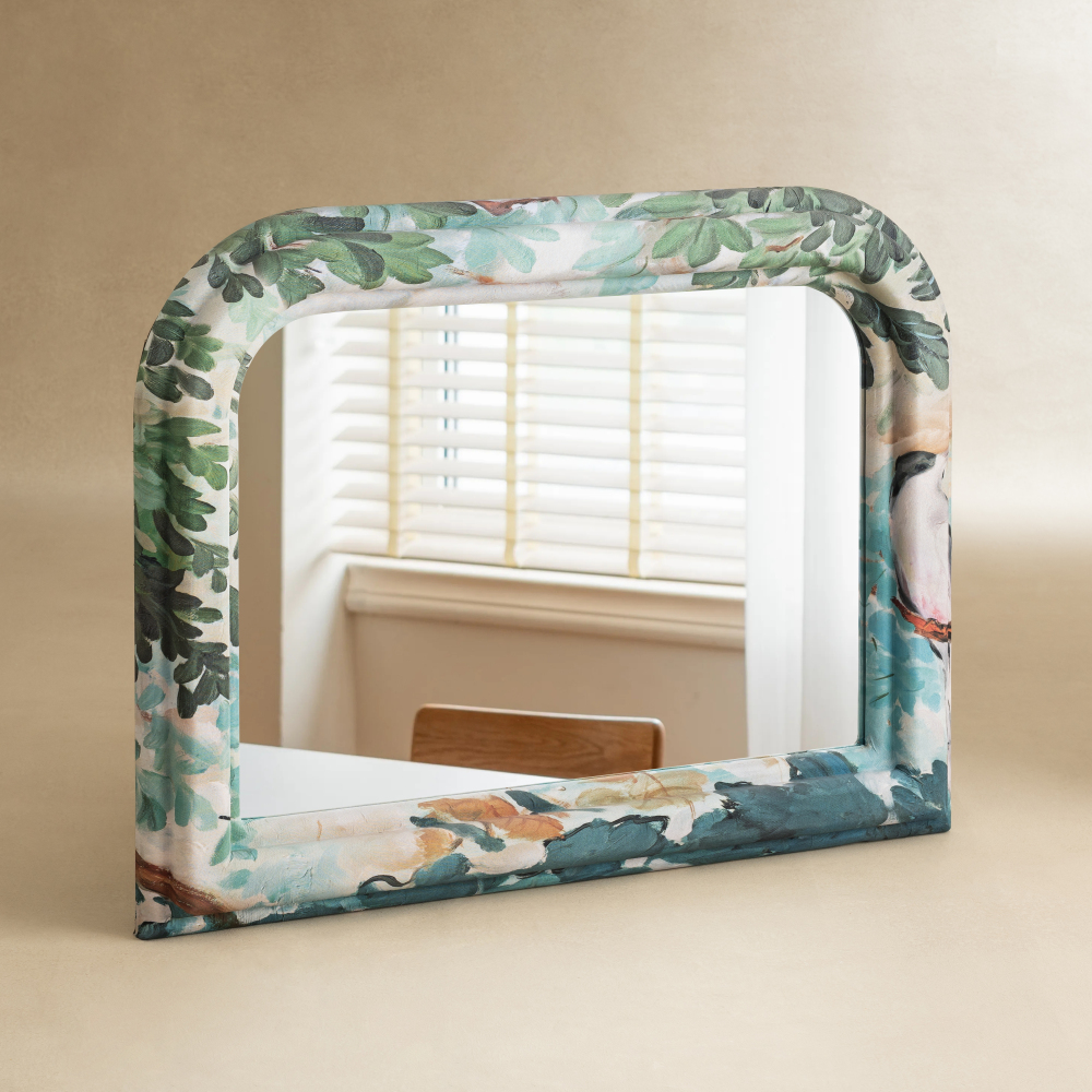 Arched Floral Fabric Wrapped Wood Frame Horizontal Wall Mirror