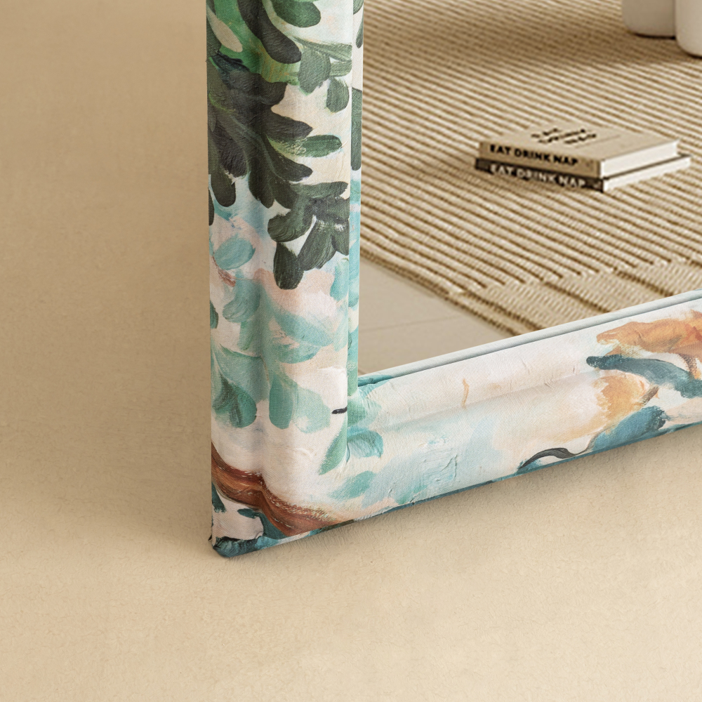 Arched Floral Fabric Wrapped Wood Frame Horizontal Wall Mirror
