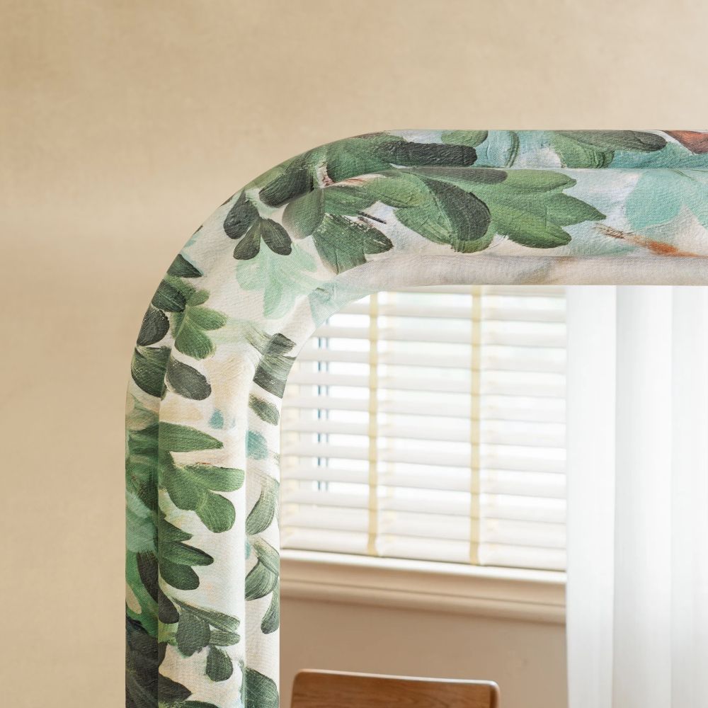 Arched Floral Fabric Wrapped Wood Frame Horizontal Wall Mirror