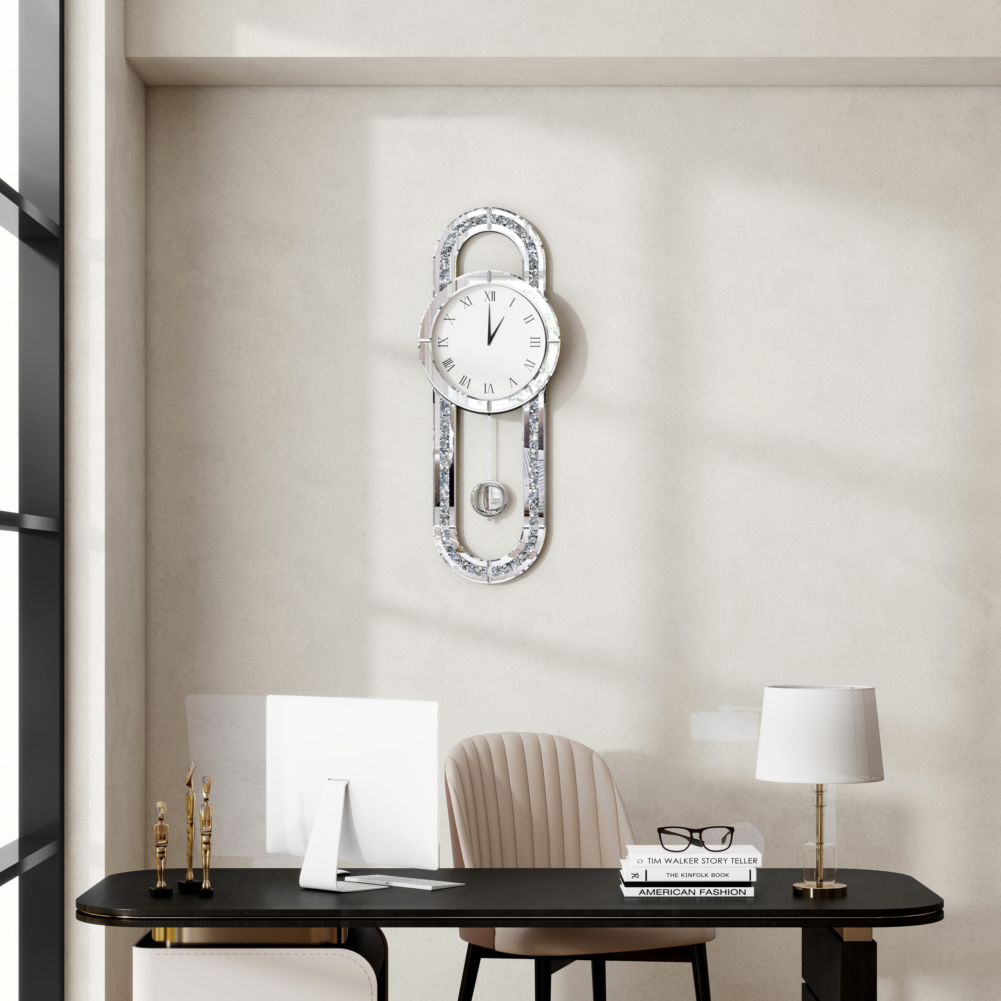 Decorative Wall Clock 31.5" Mirrored Pendulum Clock Silent Quality Quartz Luxury Large Wall Clocks with Crushed Diamond