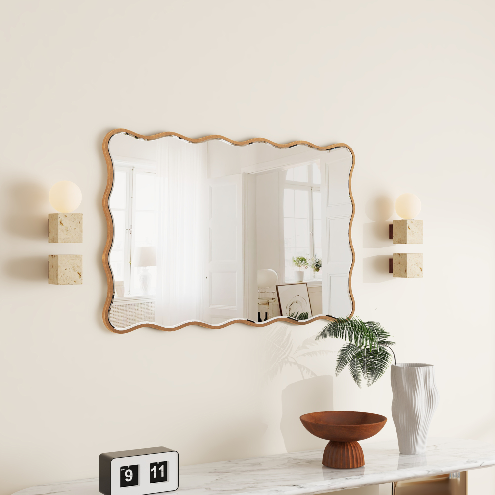 Antique Mirror Gold Wavy Mirrors 20x30” Irregular Mirrors Asymmetrical Ripple Wall Mirrors Abstract