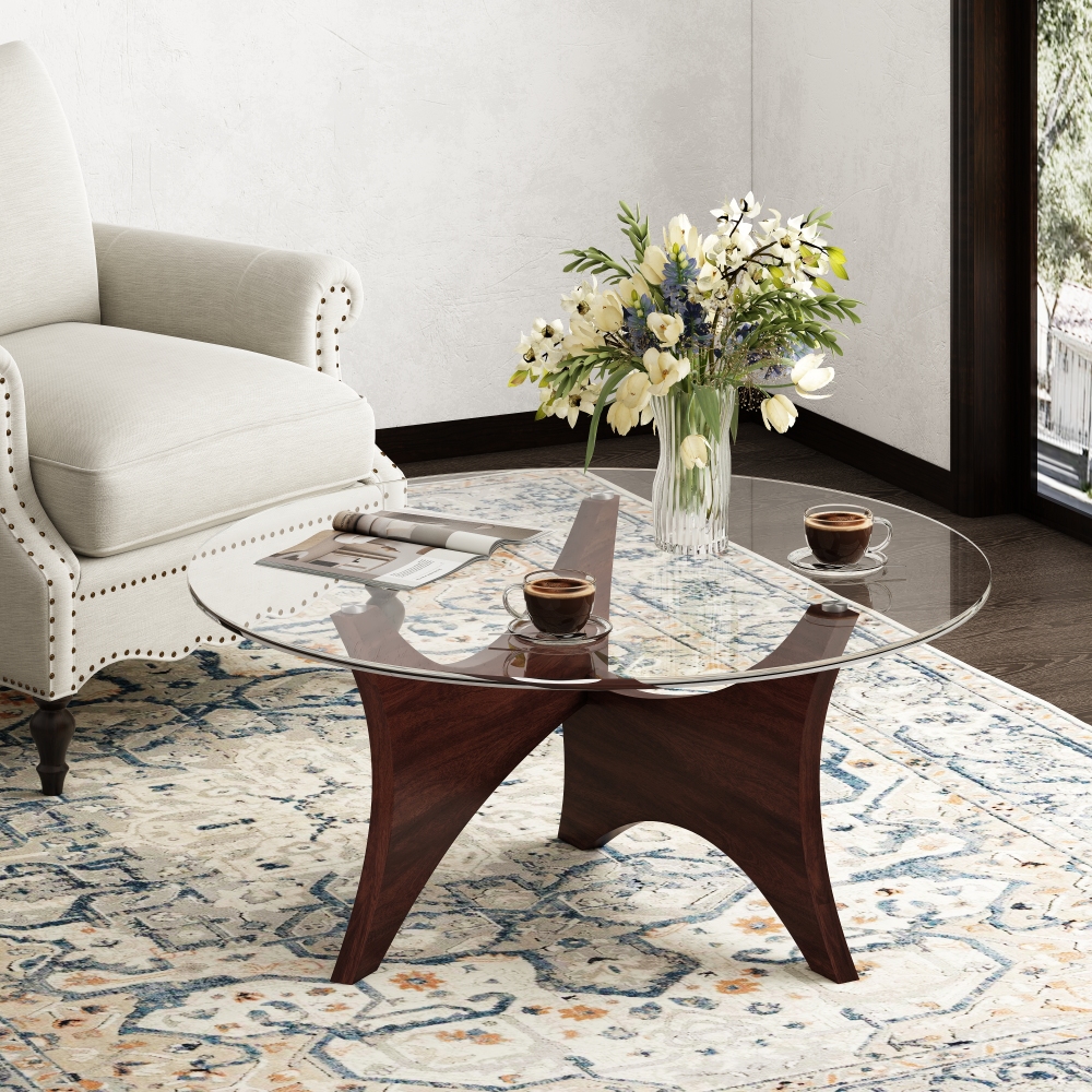 Mid Century Modern Coffee Table with Clear Round Table Top, Noguchi Style