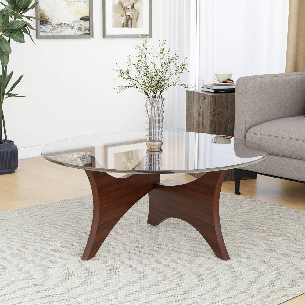 Mid Century Modern Coffee Table with Clear Round Table Top, Noguchi Style