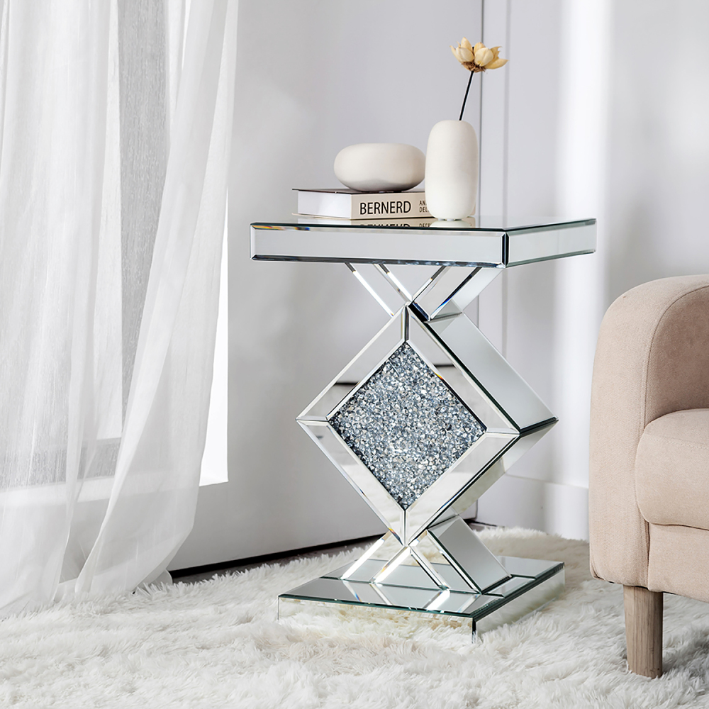 SHYFOY Mirrored Crushed Diamond Side Table | Glass Mirror End Tables with Crystal Inlay