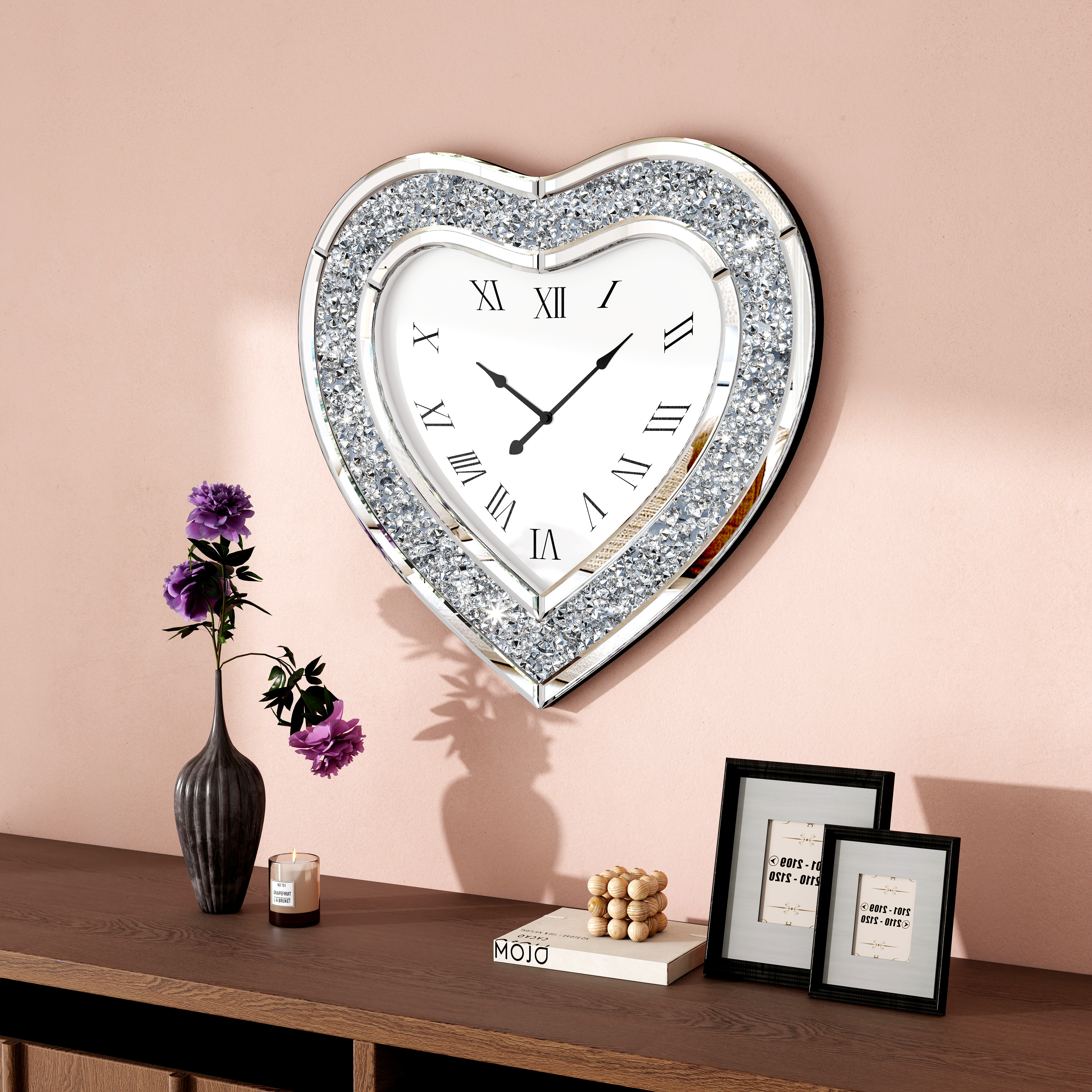 SHYFOY Deorative Wall Clock, 24 inch Heart-Shaped Mirror Wall Clock, Crushed Diamond Non-Ticking Wall Clocks for Bedroom