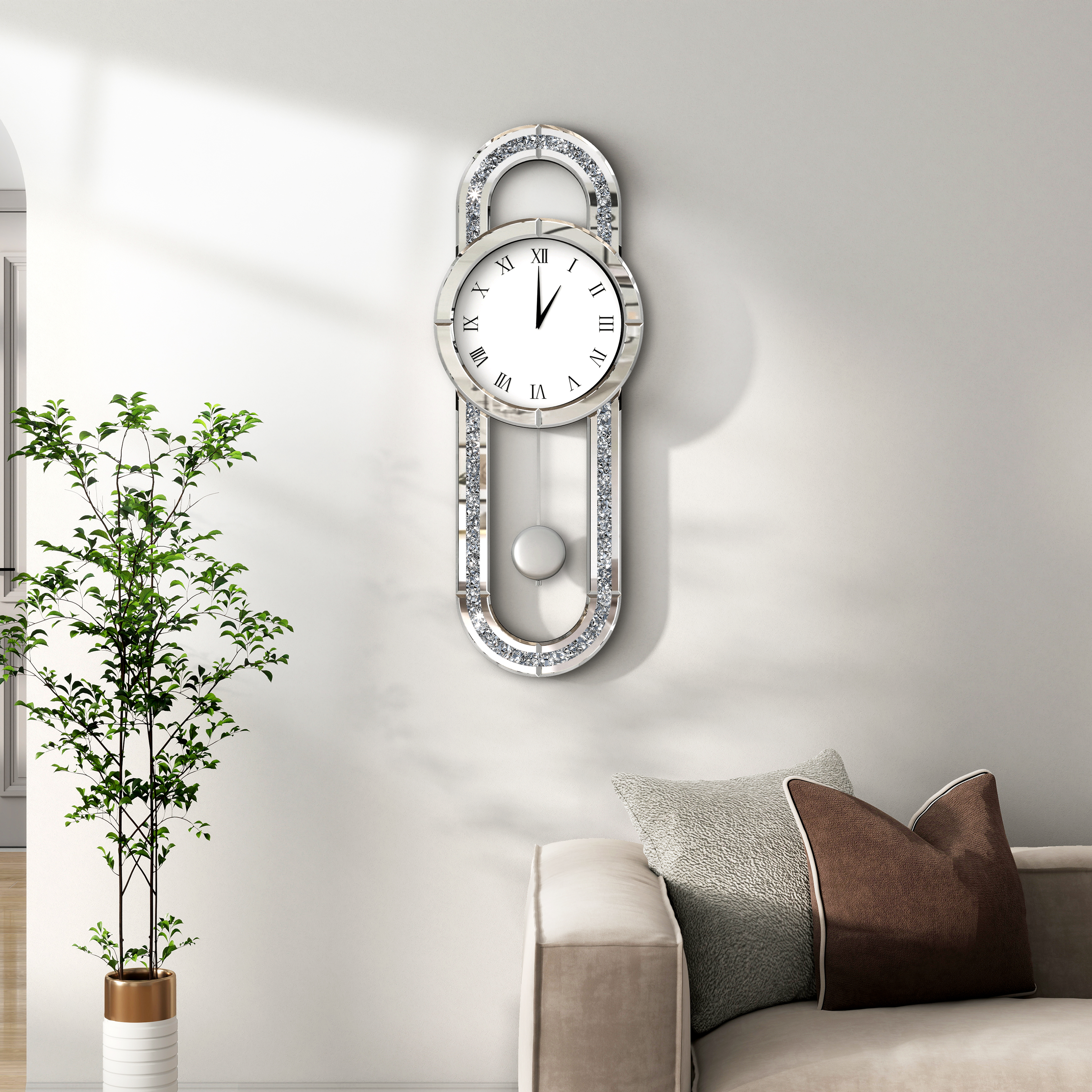 Decorative Wall Clock 31.5" Mirrored Pendulum Clock Silent Quality Quartz Luxury Large Wall Clocks with Crushed Diamond