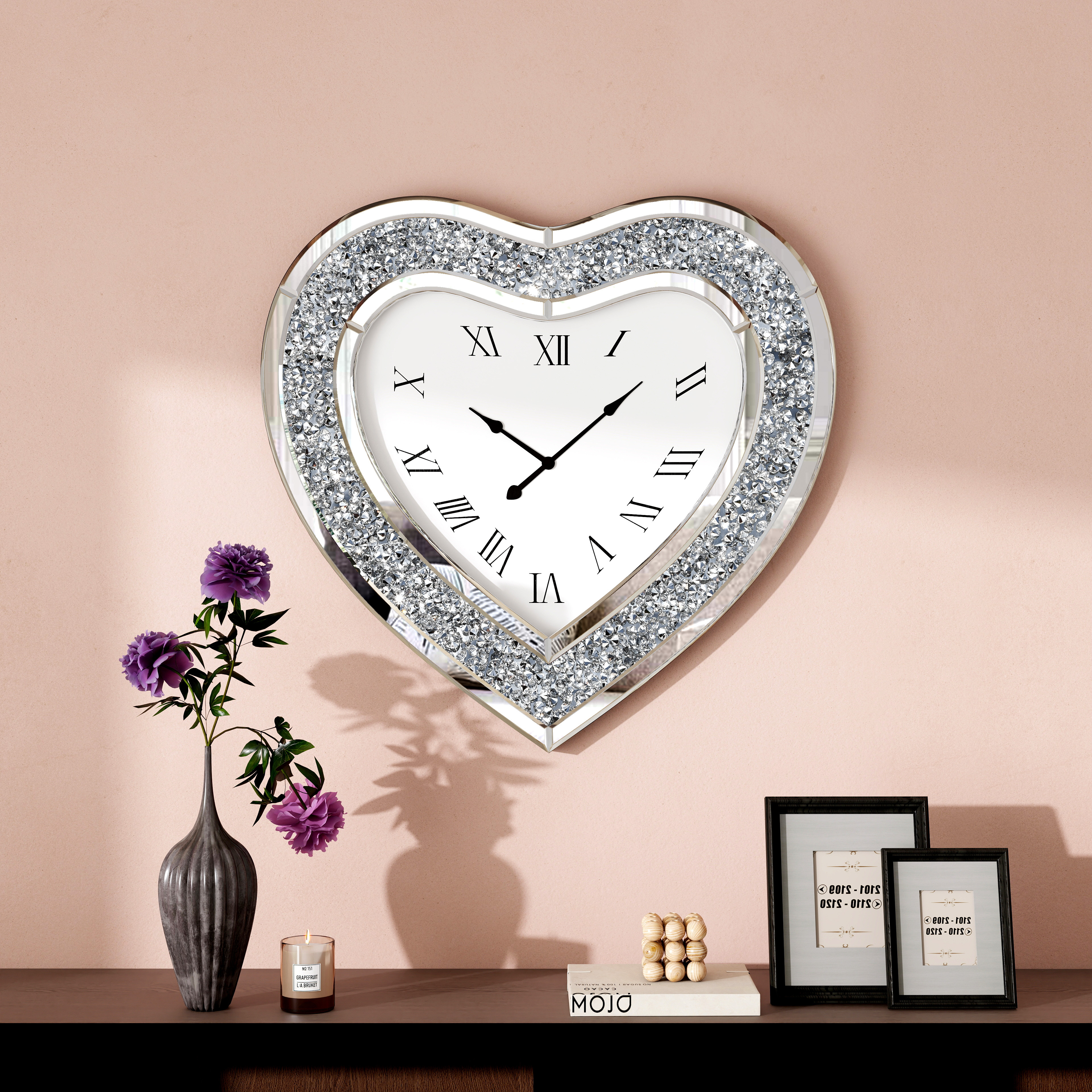 SHYFOY Deorative Wall Clock, 24 inch Heart-Shaped Mirror Wall Clock, Crushed Diamond Non-Ticking Wall Clocks for Bedroom