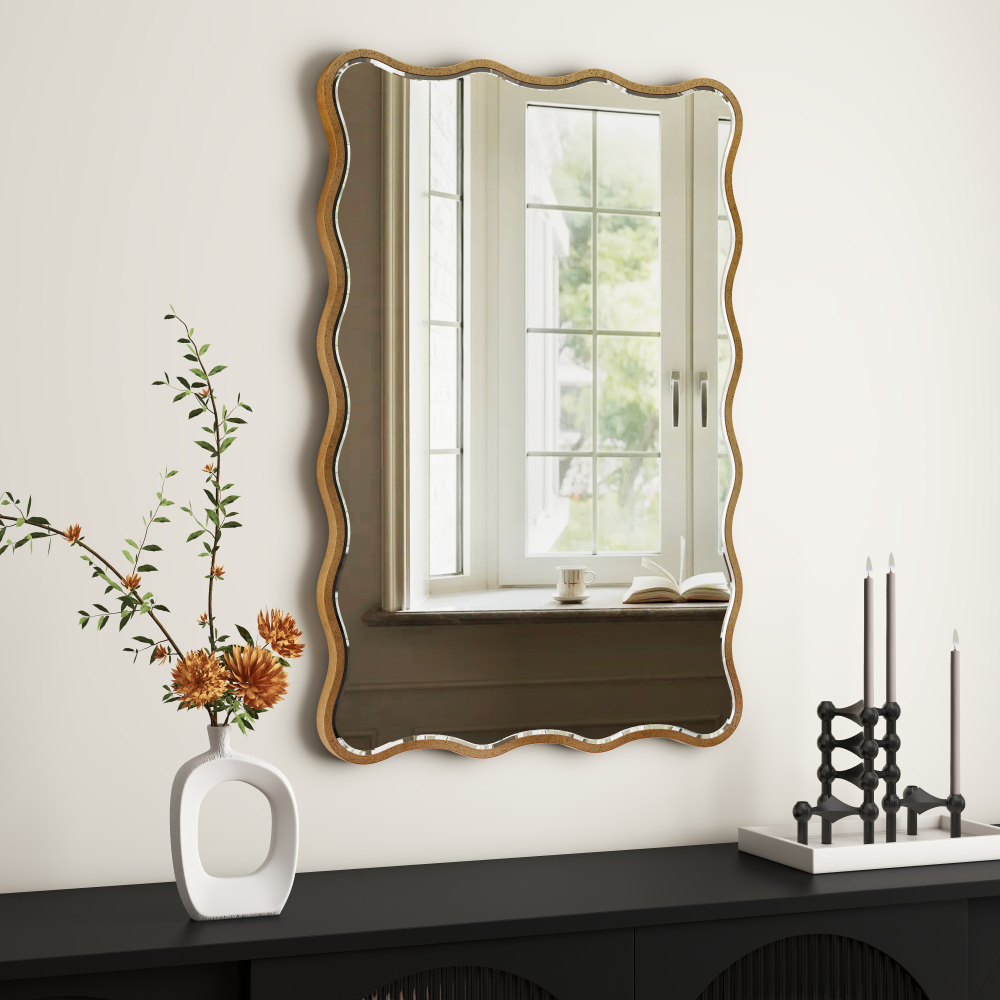 Antique Mirror Gold Wavy Mirrors 20x30” Irregular Mirrors Asymmetrical Ripple Wall Mirrors Abstract