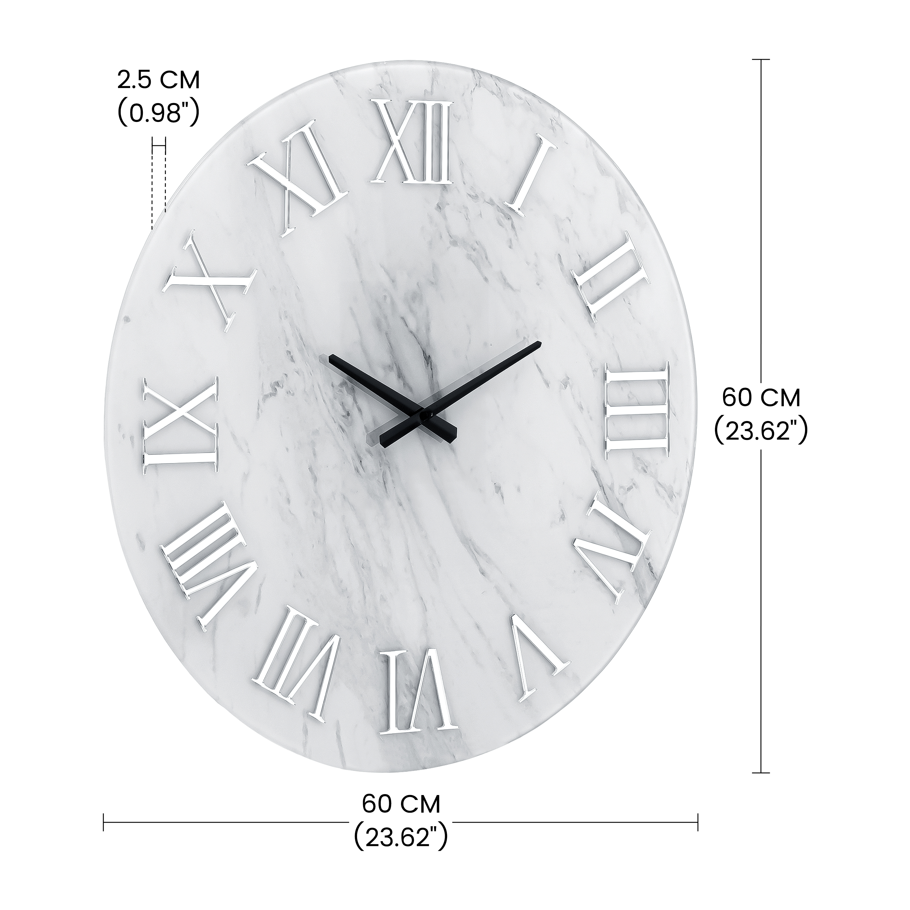 Modern Wall Clock - 23.62 Inch Frameless Marble Glass Wall Clock with Roman Numerals, Non-Ticking Large White Decorative Clock