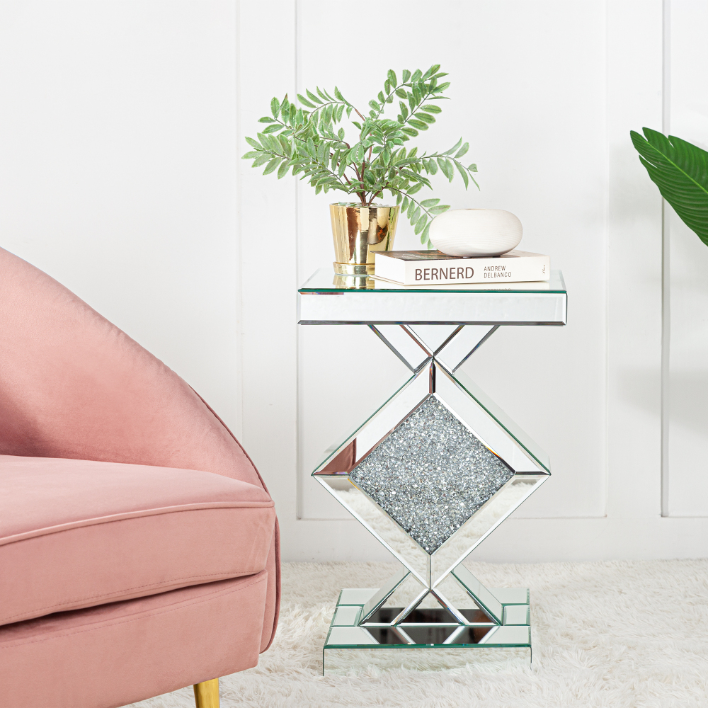 SHYFOY Mirrored Crushed Diamond Side Table | Glass Mirror End Tables with Crystal Inlay
