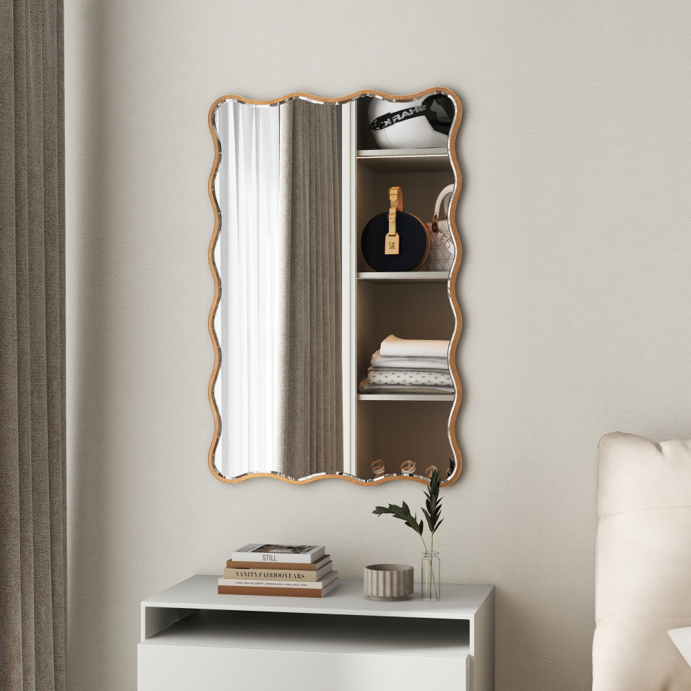 Antique Mirror Gold Wavy Mirrors 20x30” Irregular Mirrors Asymmetrical Ripple Wall Mirrors Abstract