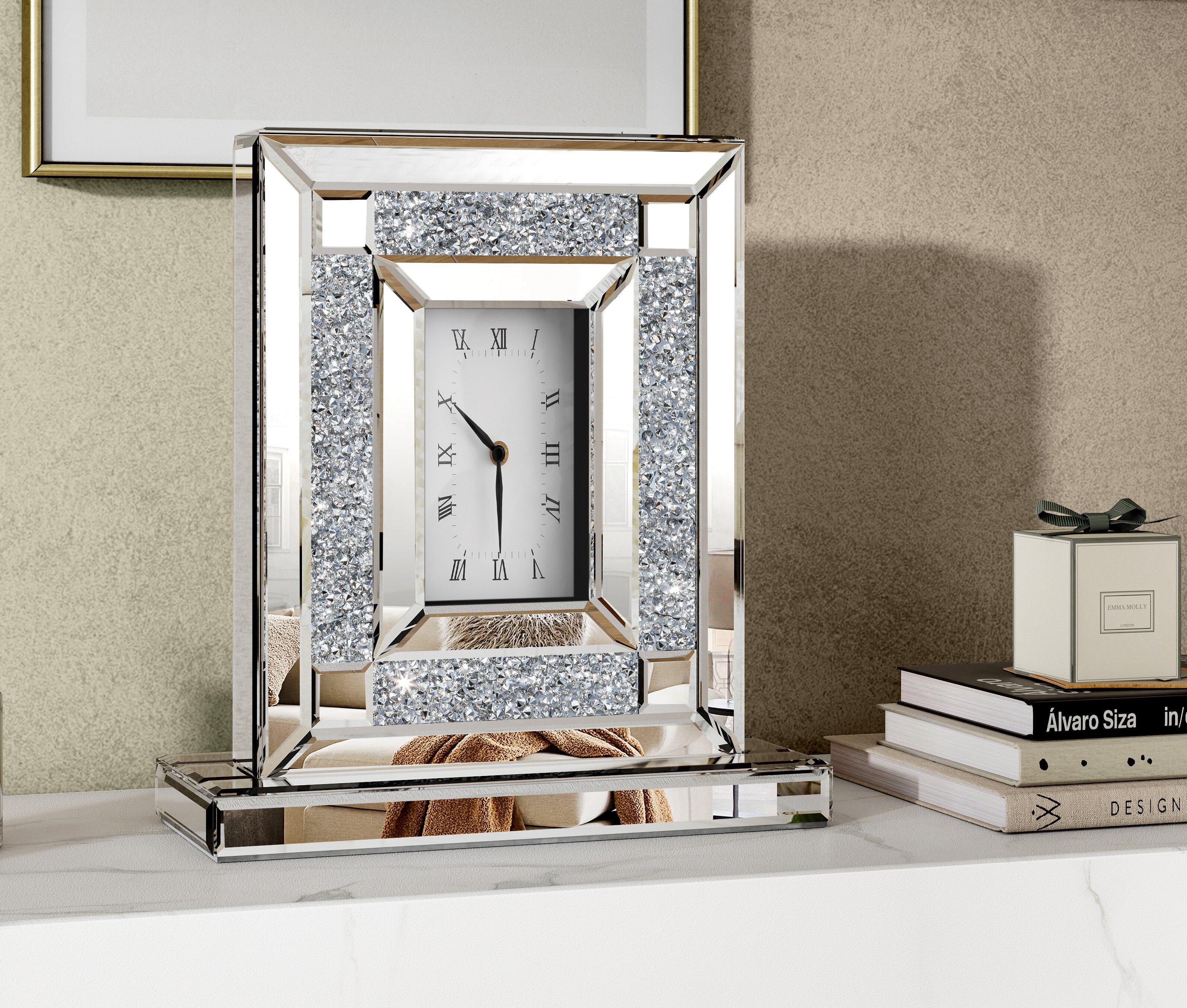 Silver Luxury Rectangular Crystal Clock with Glass Beveled
