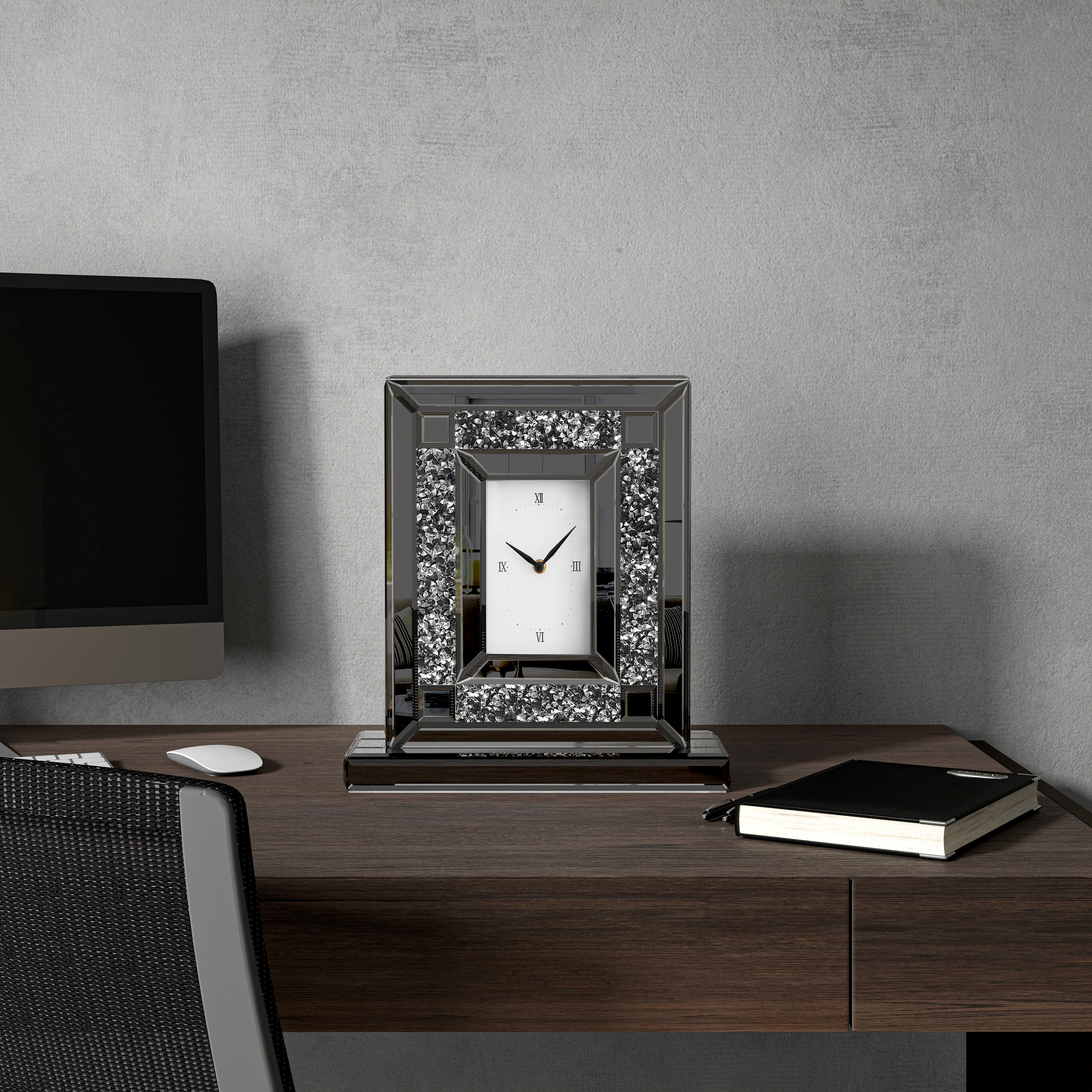 Luxury Crystal-Embedded Mirrored Table Clock, Elegant Decorative Clock with Roman Numerals for Home & Office