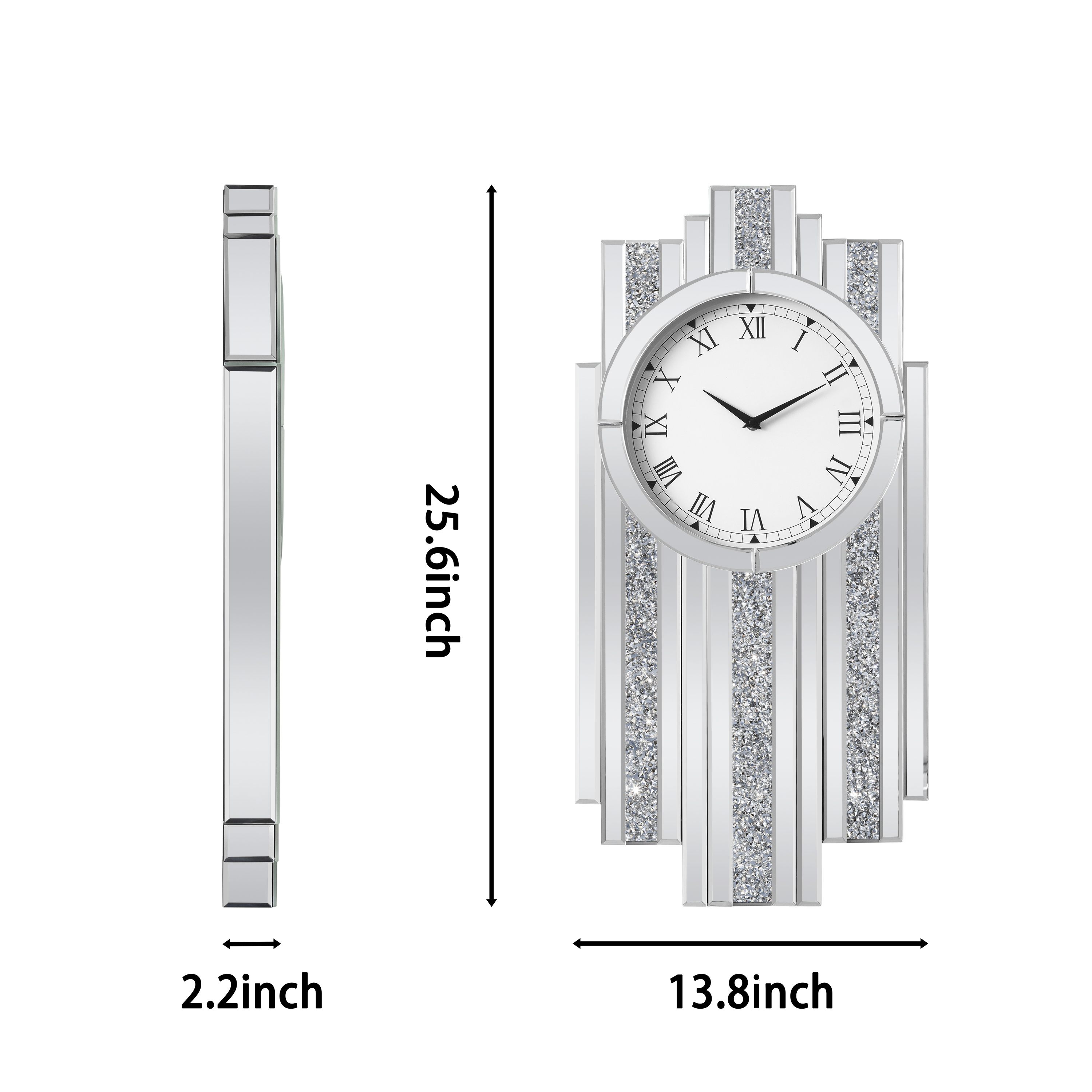 Silver Mirror Clock, 25.6x13.8 Crystal Sparkle Wall Clock with Crushed Diamond Modern and Silent Large Wall Clock