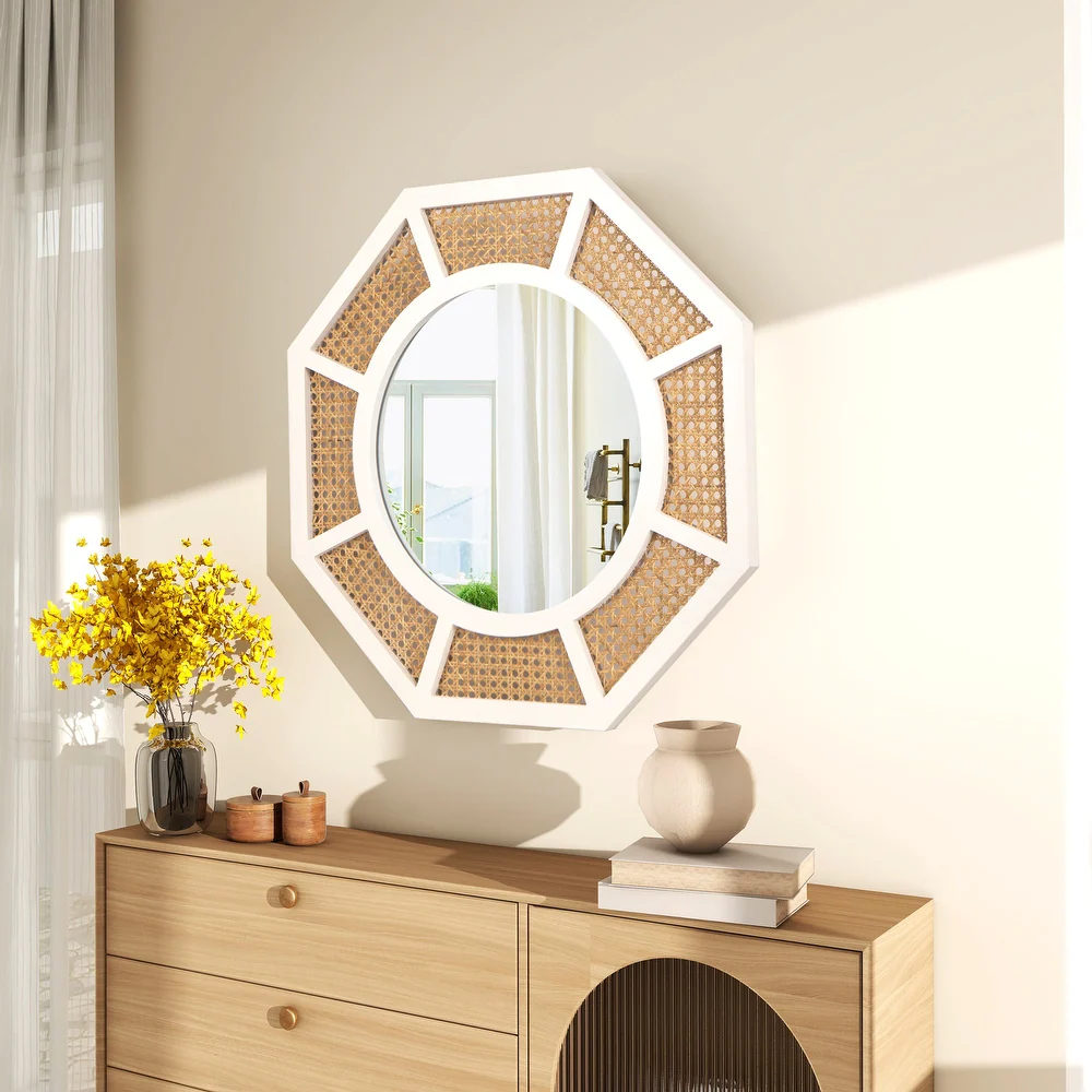 Large Rattan Mirror for Wall Decor Boho White Frame Wood /SF-WM188