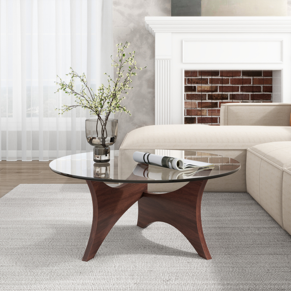 Mid Century Modern Coffee Table with Clear Round Table Top, Noguchi Style