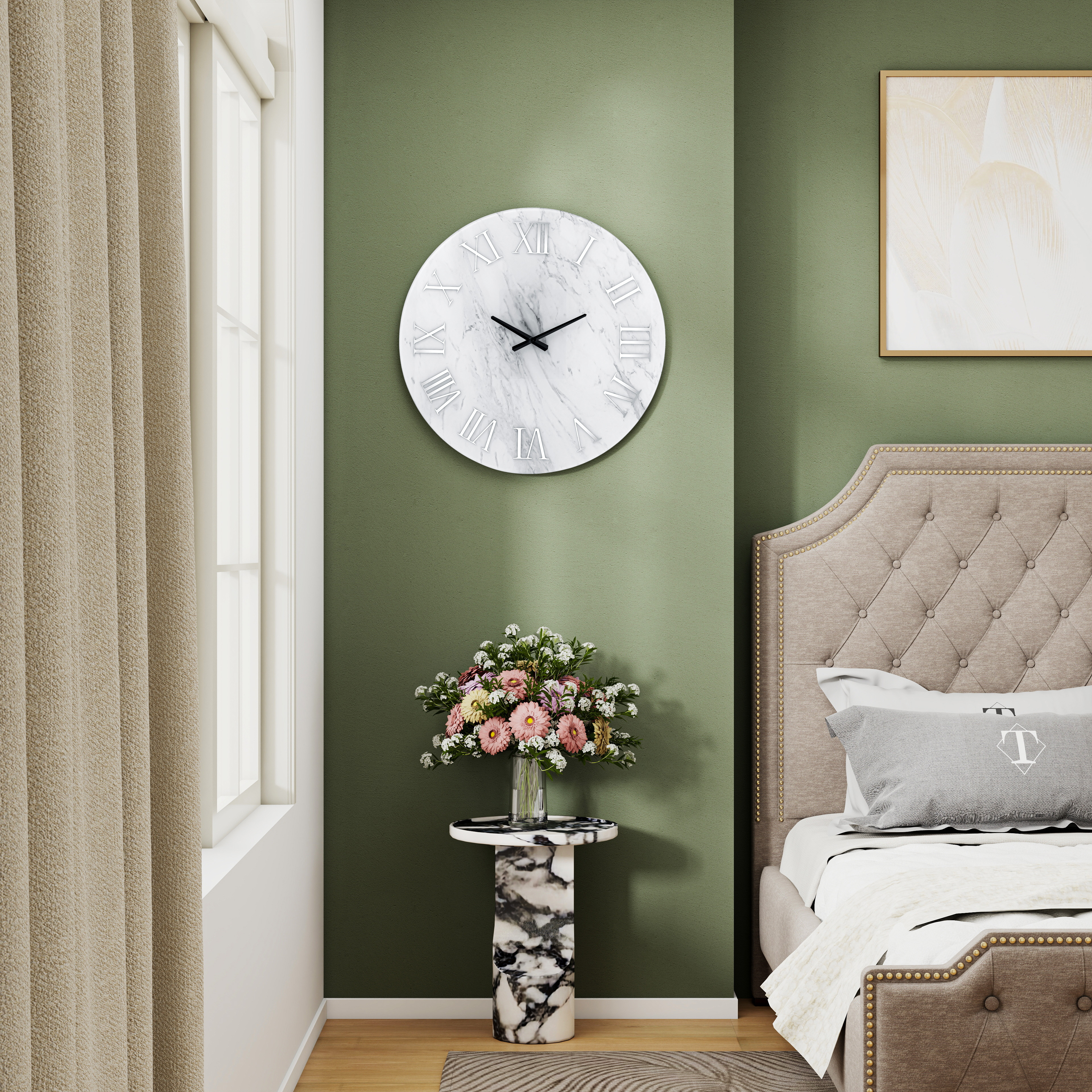 Modern Wall Clock - 23.62 Inch Frameless Marble Glass Wall Clock with Roman Numerals, Non-Ticking Large White Decorative Clock