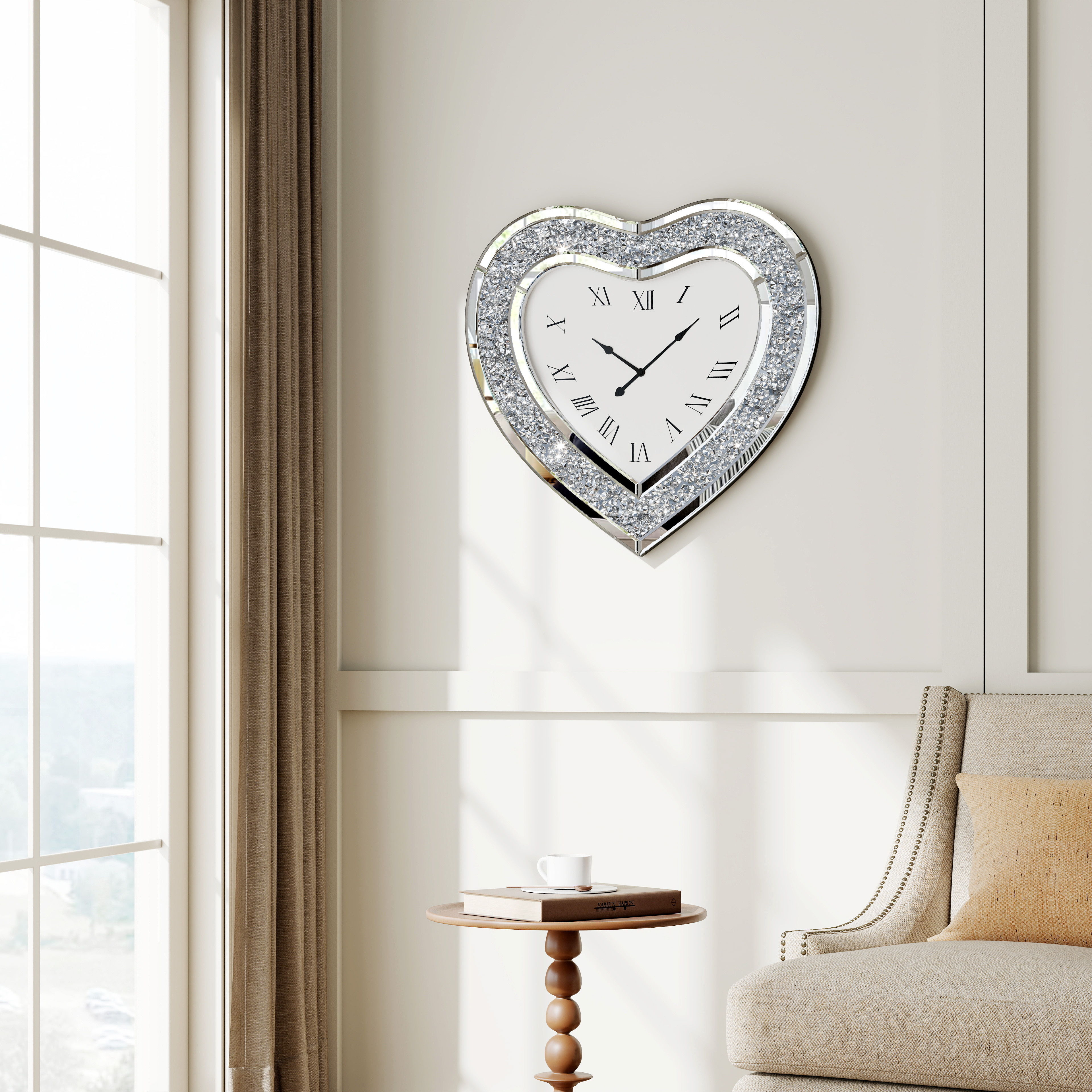 SHYFOY Deorative Wall Clock, 24 inch Heart-Shaped Mirror Wall Clock, Crushed Diamond Non-Ticking Wall Clocks for Bedroom
