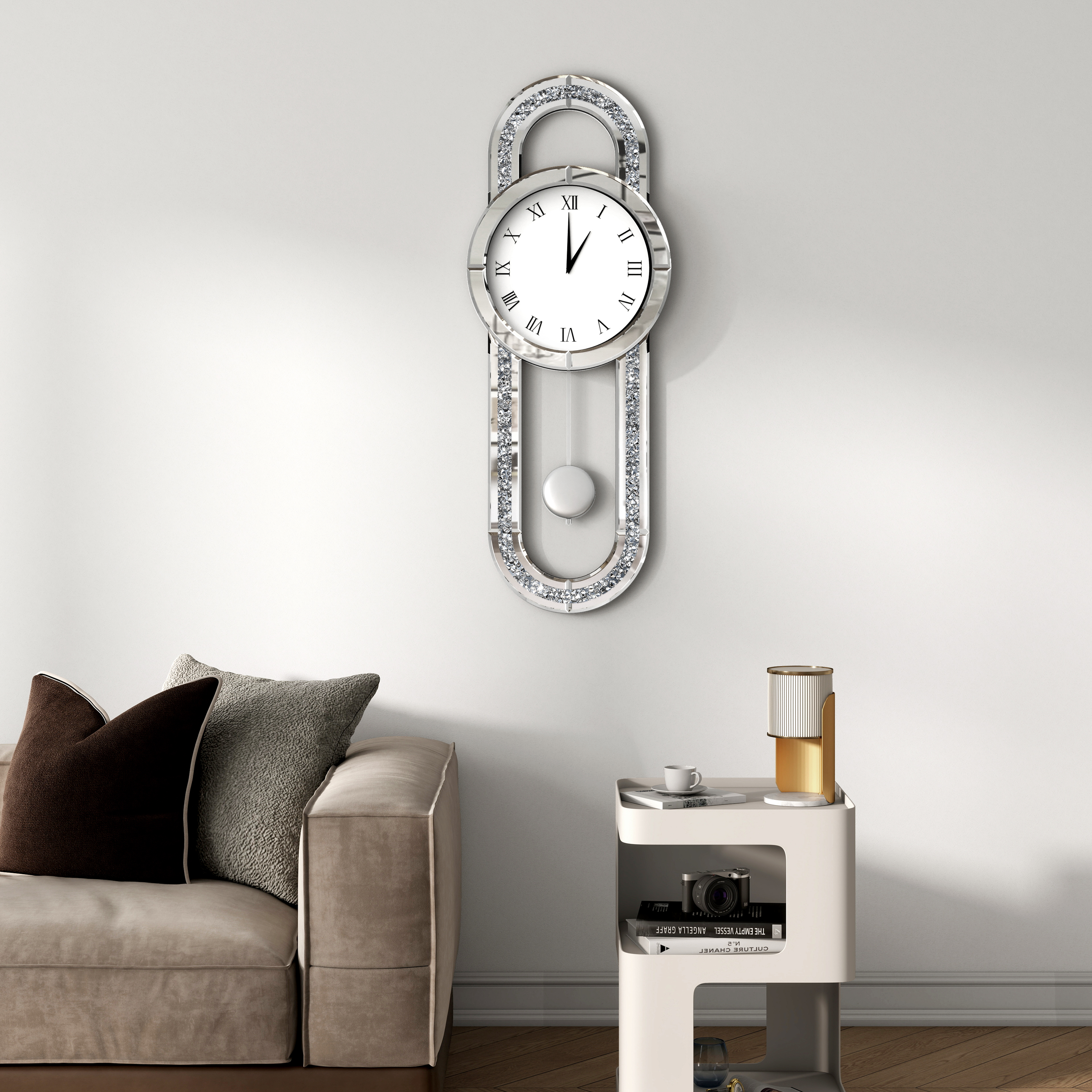 Decorative Wall Clock 31.5" Mirrored Pendulum Clock Silent Quality Quartz Luxury Large Wall Clocks with Crushed Diamond