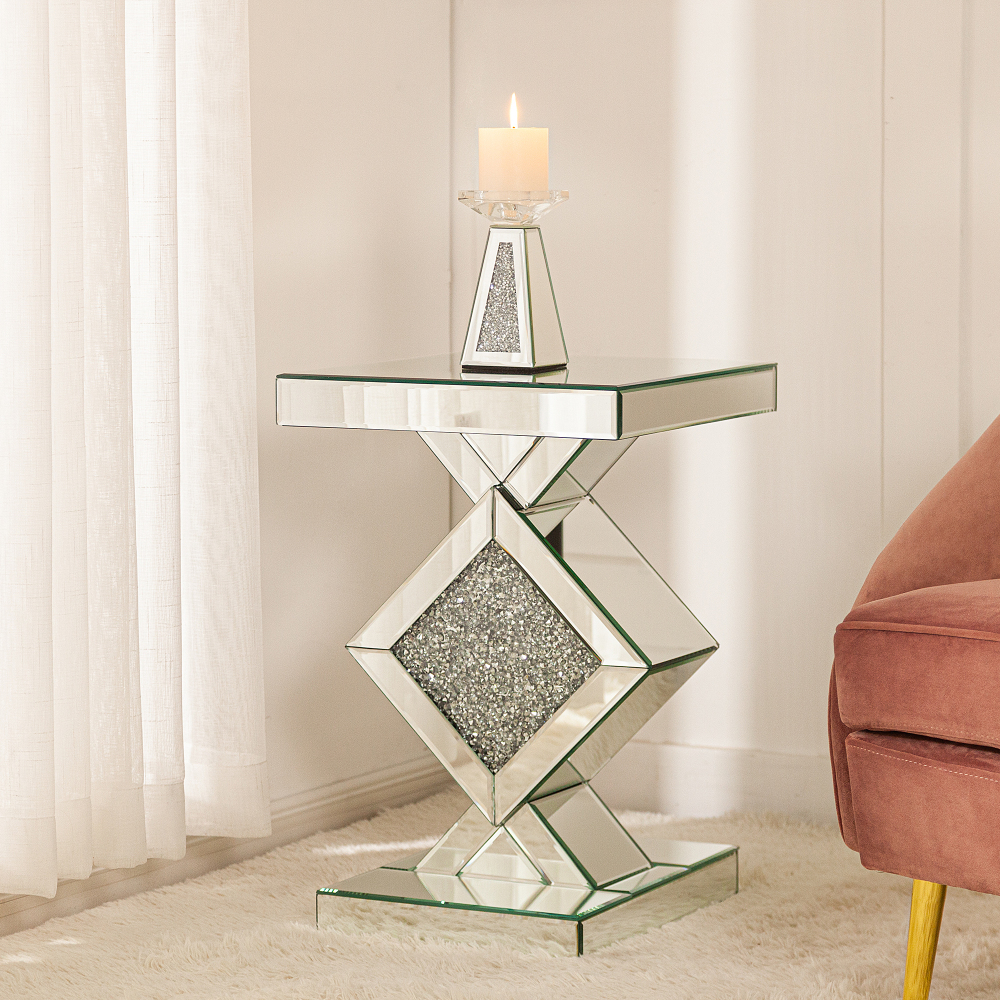 SHYFOY Mirrored Crushed Diamond Side Table | Glass Mirror End Tables with Crystal Inlay