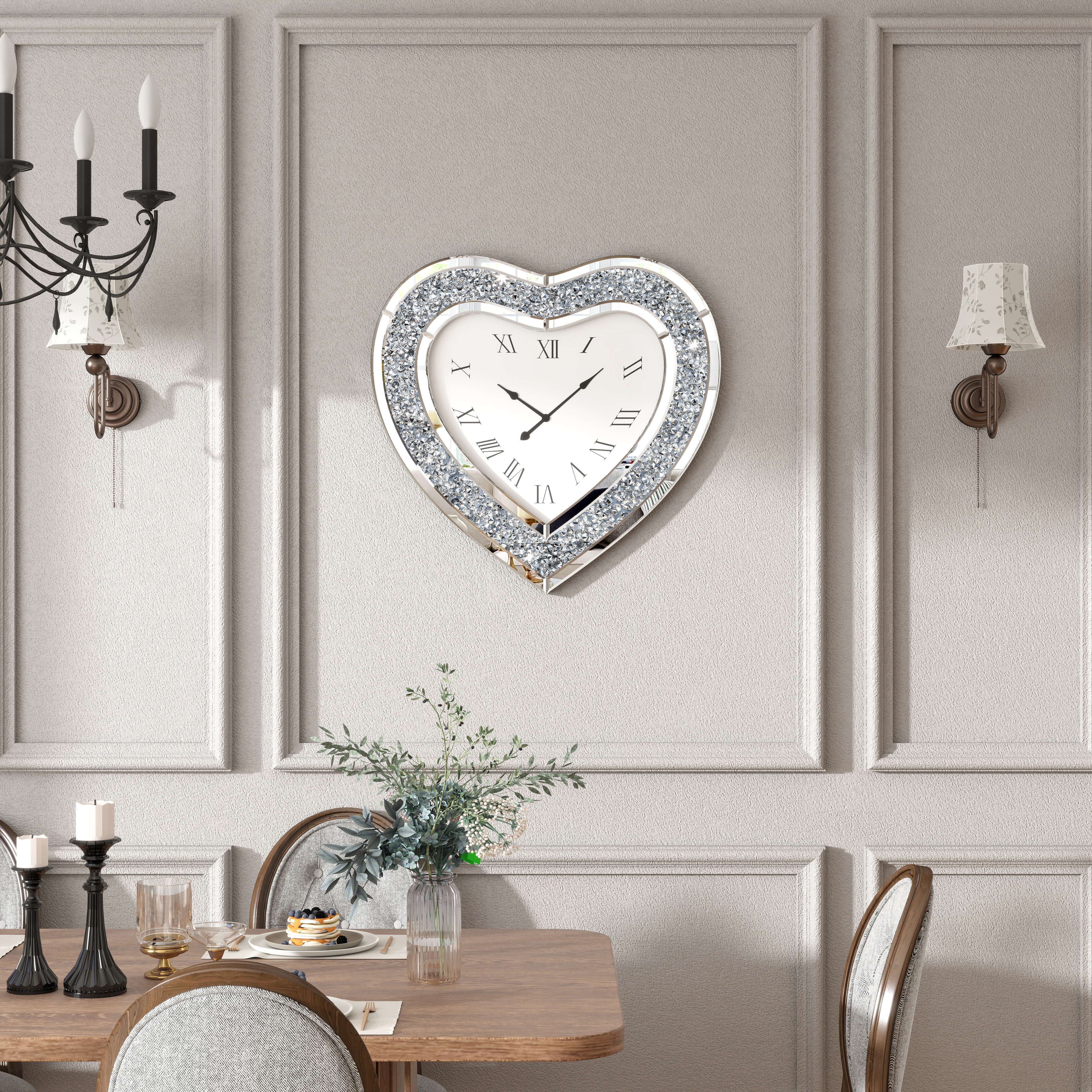 SHYFOY Deorative Wall Clock, 24 inch Heart-Shaped Mirror Wall Clock, Crushed Diamond Non-Ticking Wall Clocks for Bedroom