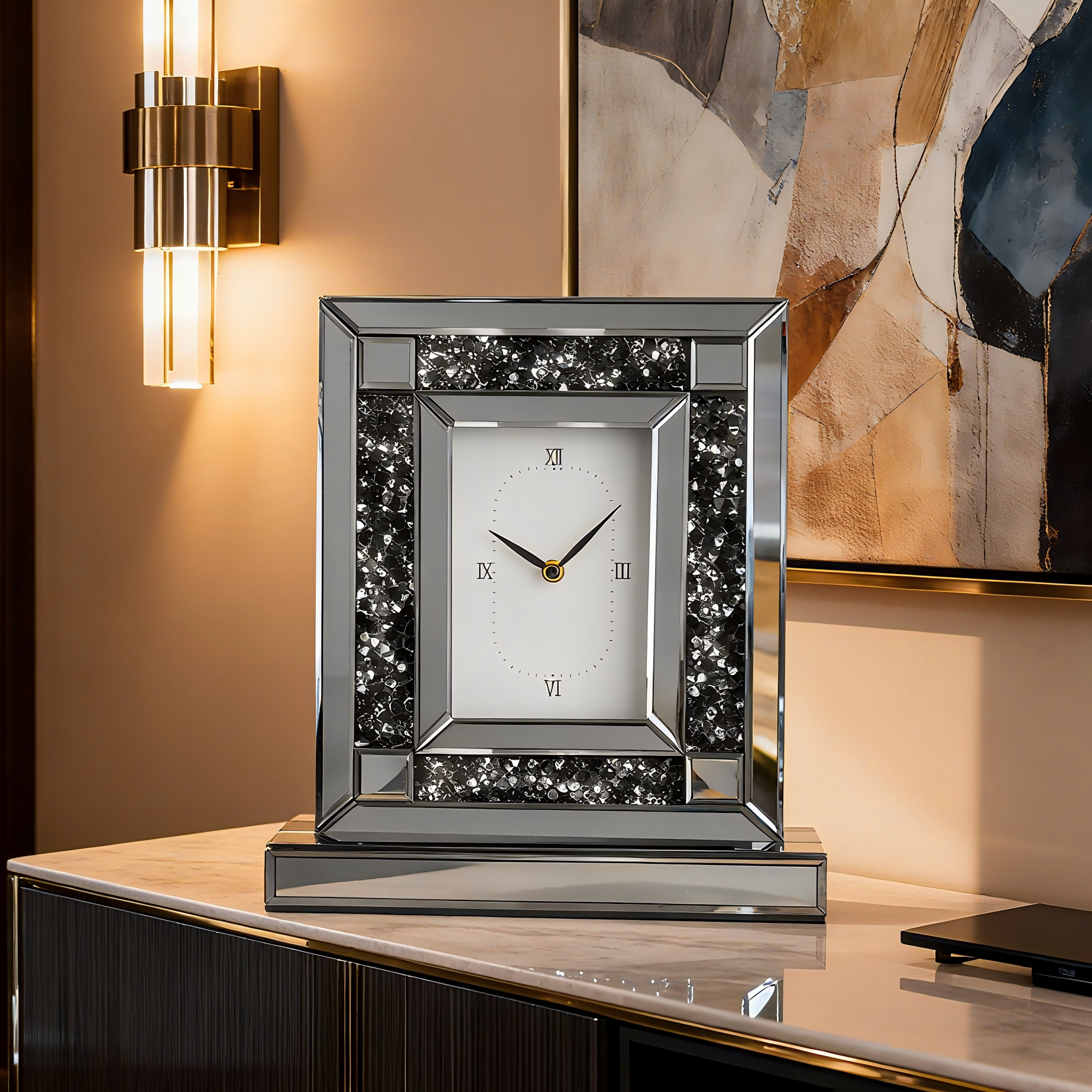 Luxury Crystal-Embedded Mirrored Table Clock, Elegant Decorative Clock with Roman Numerals for Home & Office