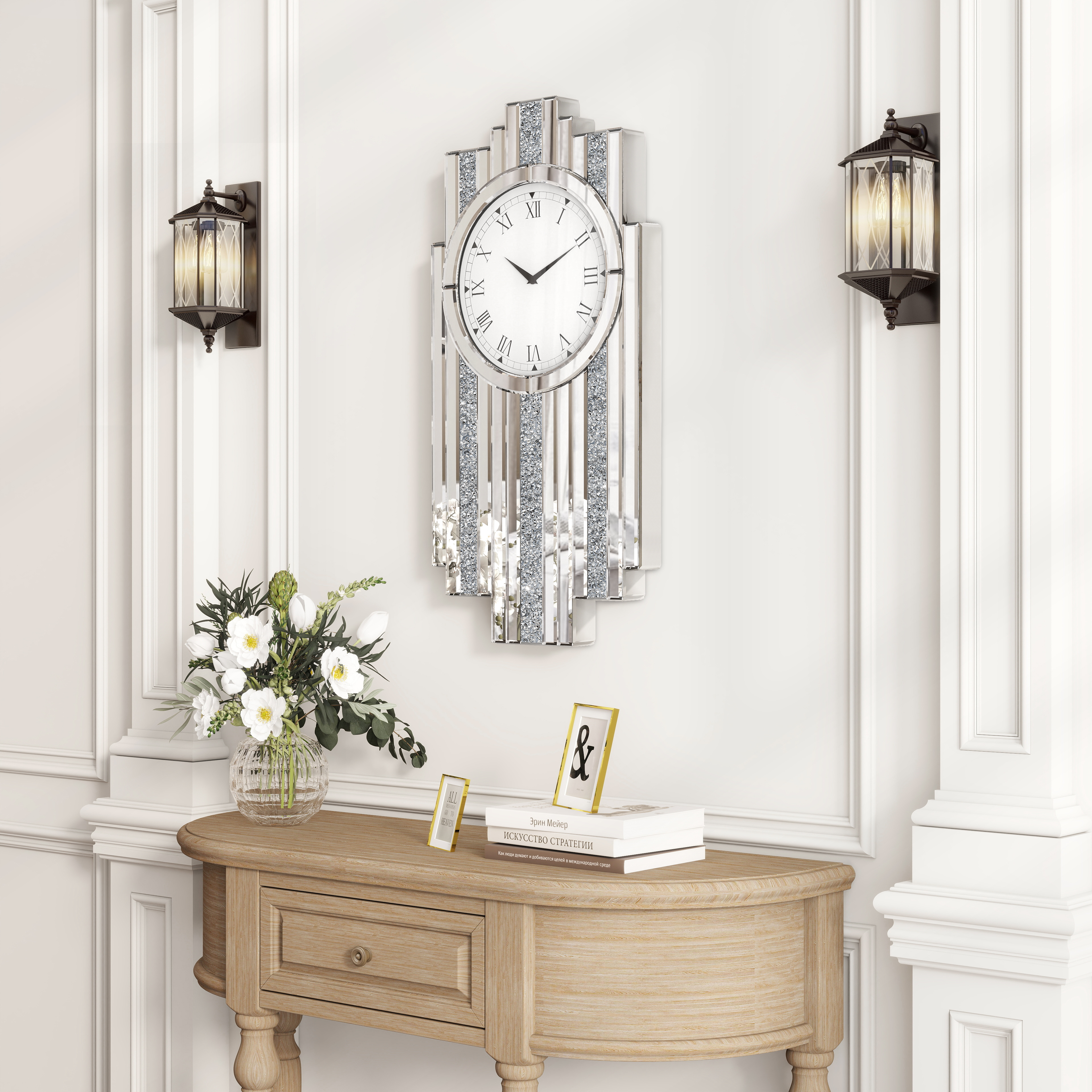 Silver Mirror Clock, 25.6x13.8 Crystal Sparkle Wall Clock with Crushed Diamond Modern and Silent Large Wall Clock