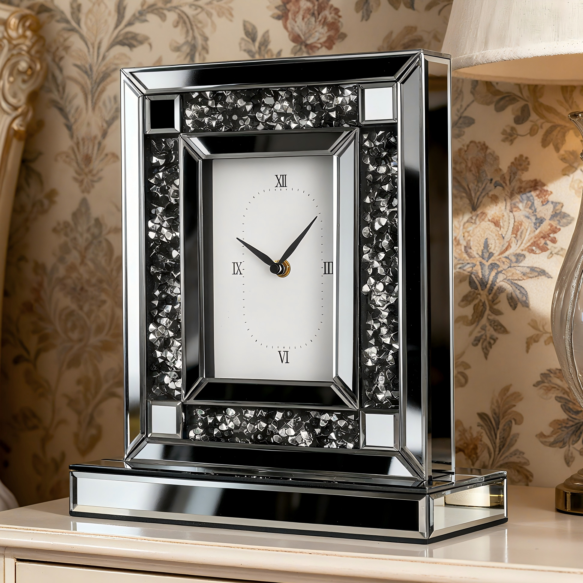 Luxury Crystal-Embedded Mirrored Table Clock, Elegant Decorative Clock with Roman Numerals for Home & Office