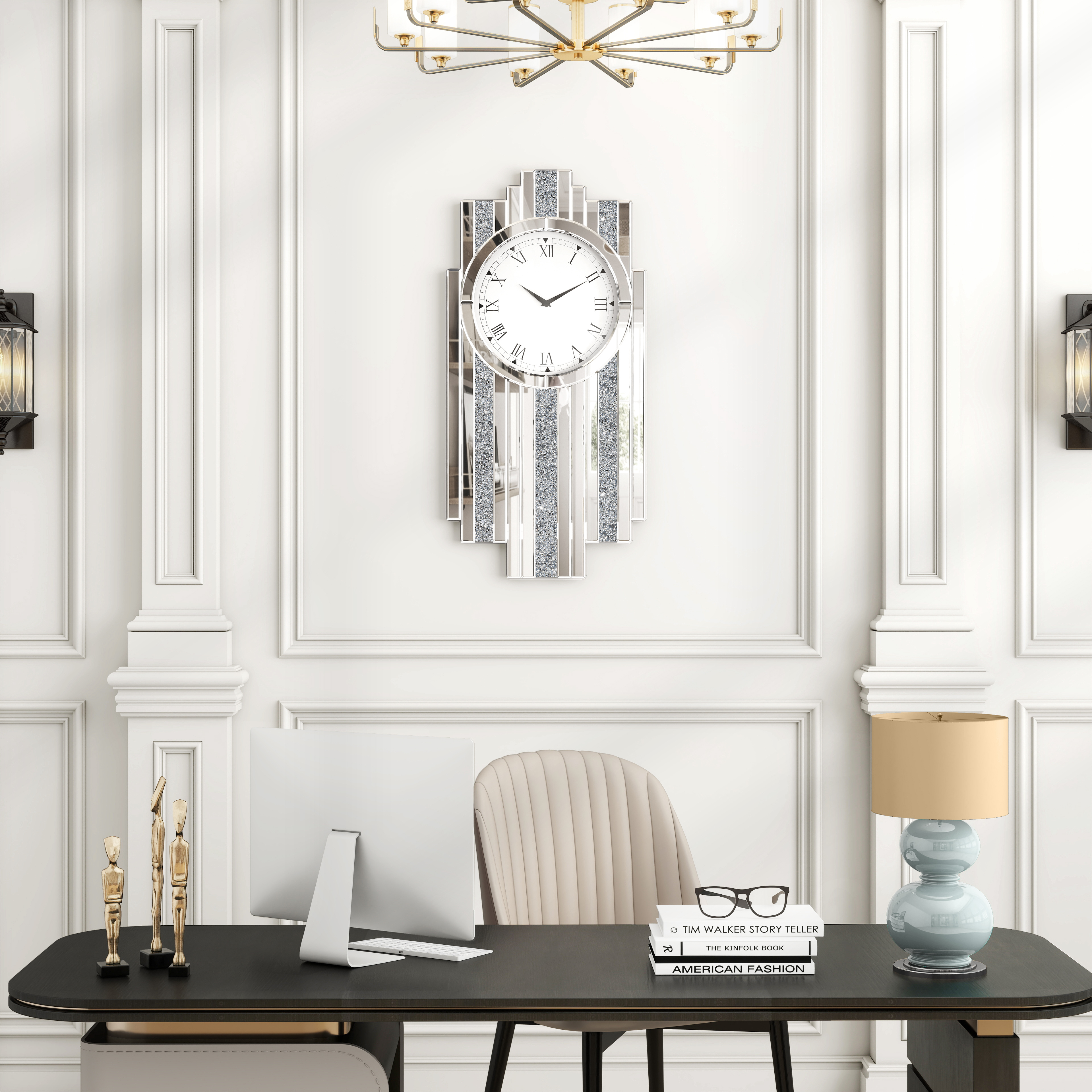 Silver Mirror Clock, 25.6x13.8 Crystal Sparkle Wall Clock with Crushed Diamond Modern and Silent Large Wall Clock
