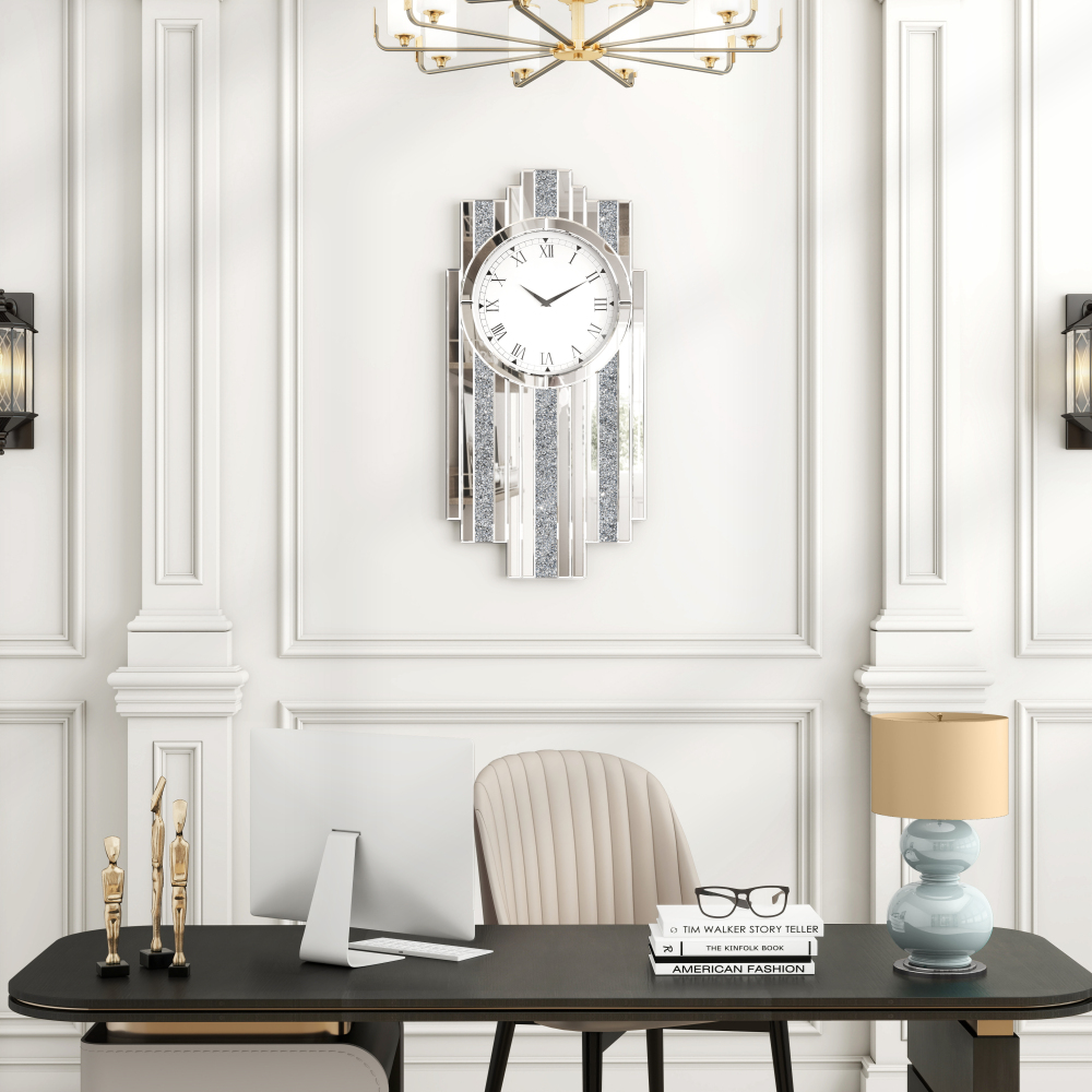 Silver Mirror Clock, 25.6x13.8 Crystal Sparkle Wall Clock with Crushed Diamond Modern and Silent Large Wall Clock