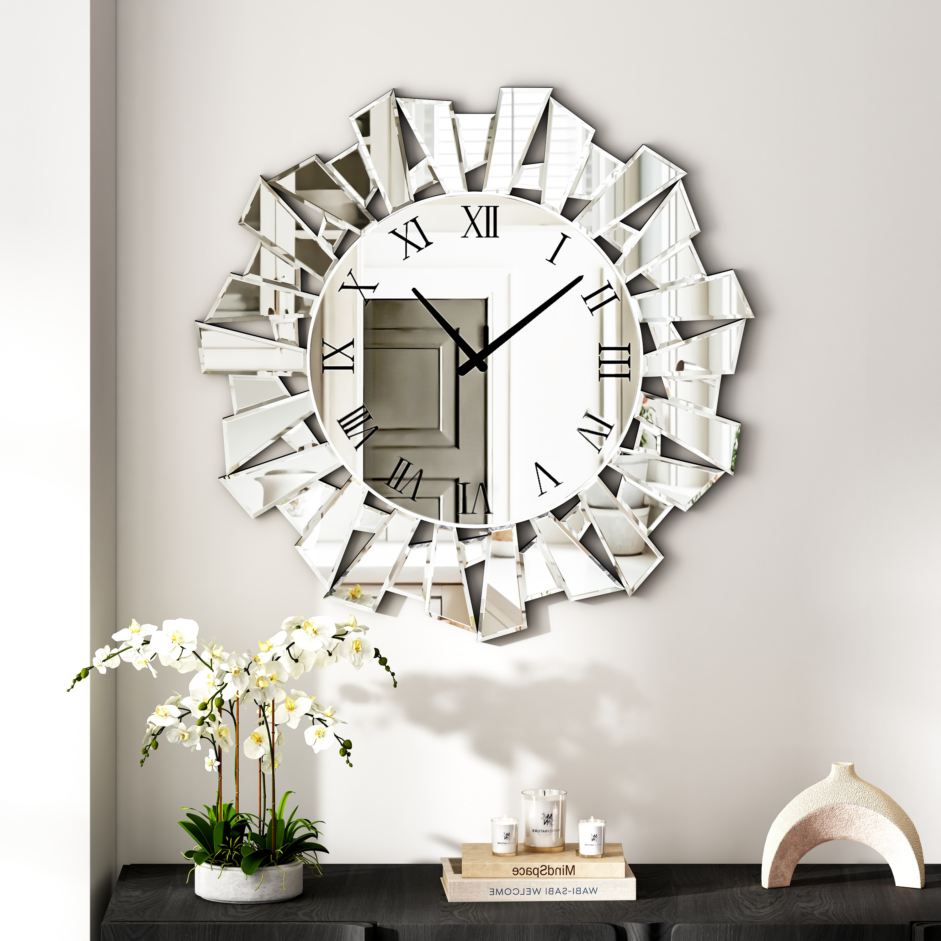 23.62" Large Modern Mirror Clock with Roman Numerals, Luxury Art Wall Decor