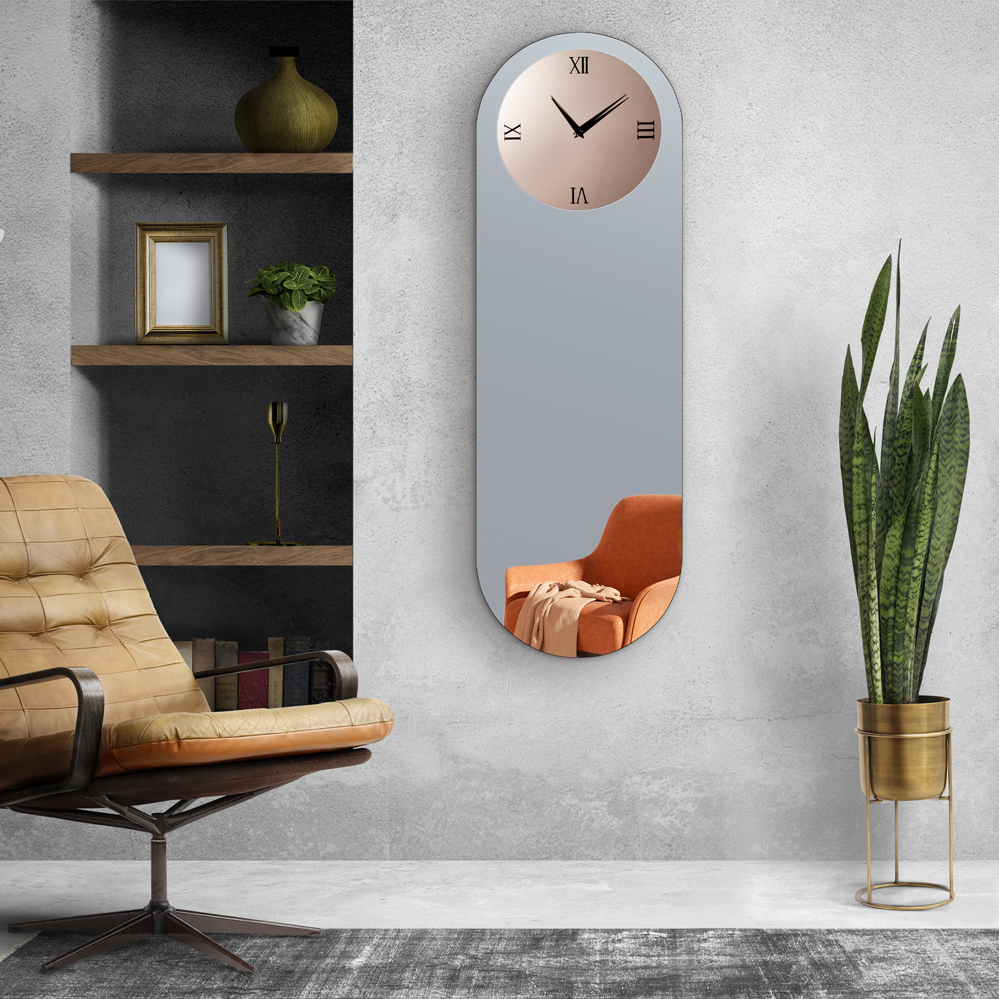 Glass Wall Clock for Living Room Decor, Modern Clocks Grey and Gold Mirror Finsh Oval Long Wall Decor