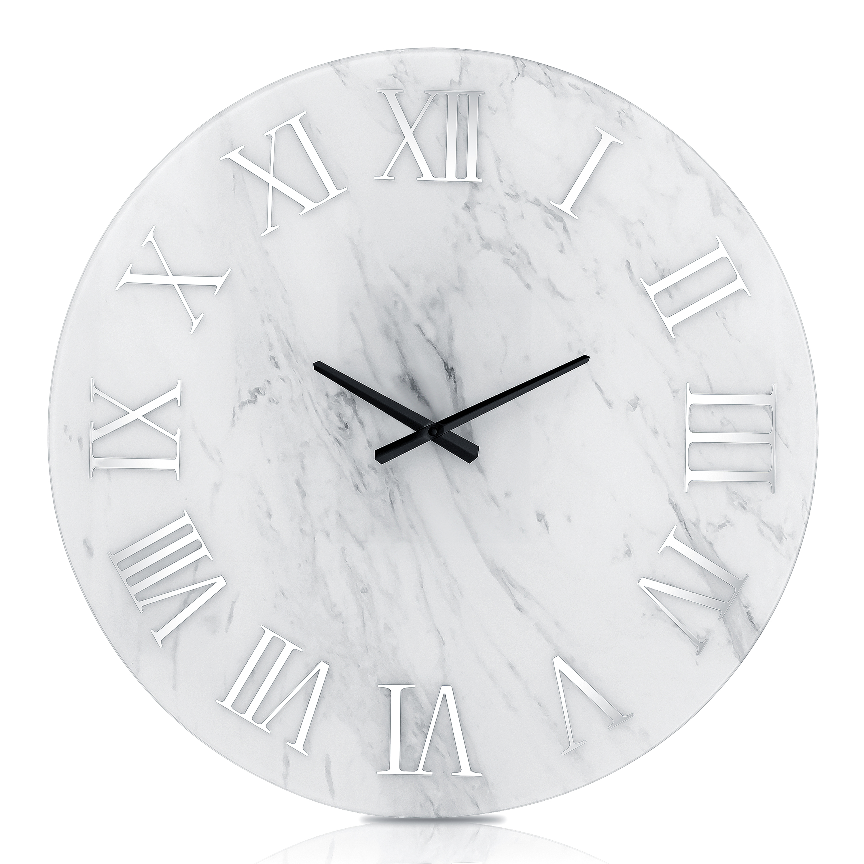 Modern Wall Clock - 23.62 Inch Frameless Marble Glass Wall Clock with Roman Numerals, Non-Ticking Large White Decorative Clock