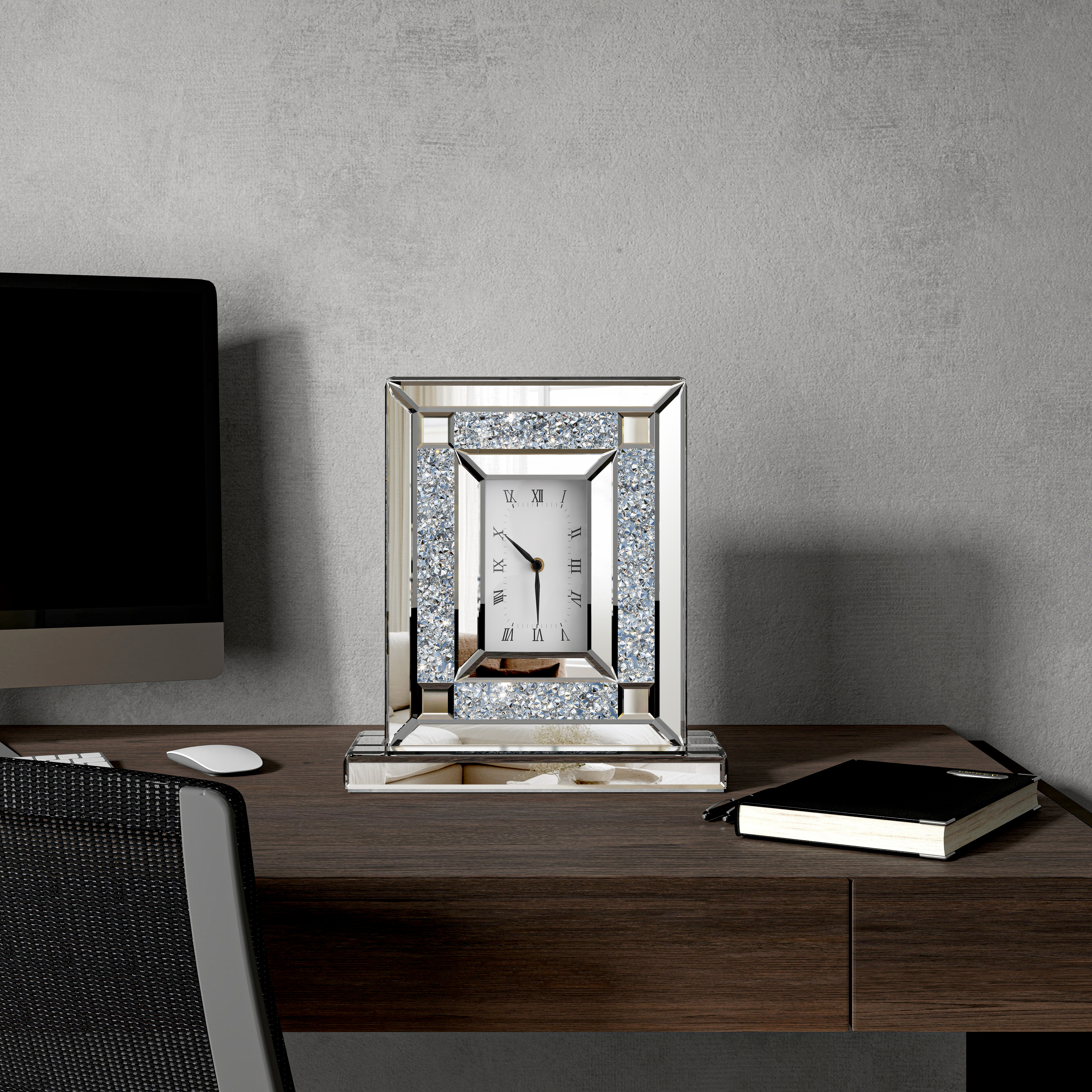 Silver Luxury Rectangular Crystal Clock with Glass Beveled