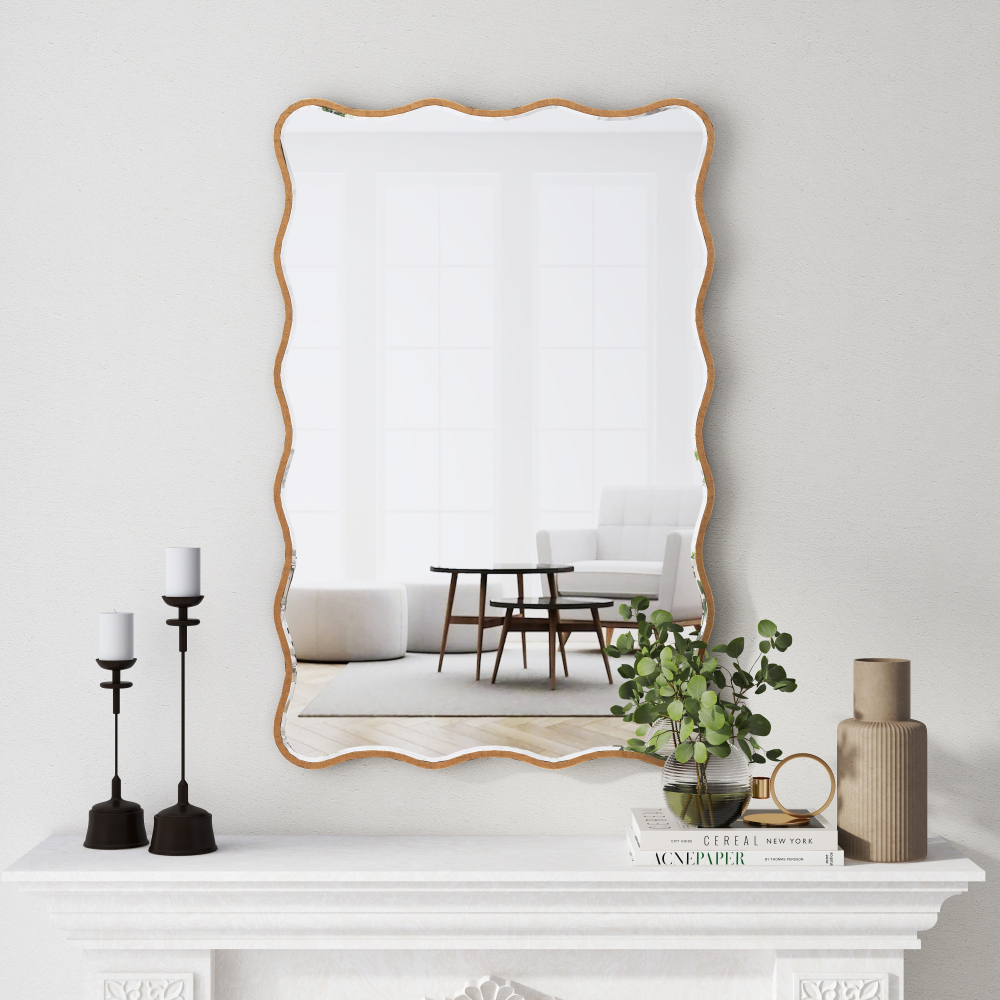 Antique Mirror Gold Wavy Mirrors 20x30” Irregular Mirrors Asymmetrical Ripple Wall Mirrors Abstract