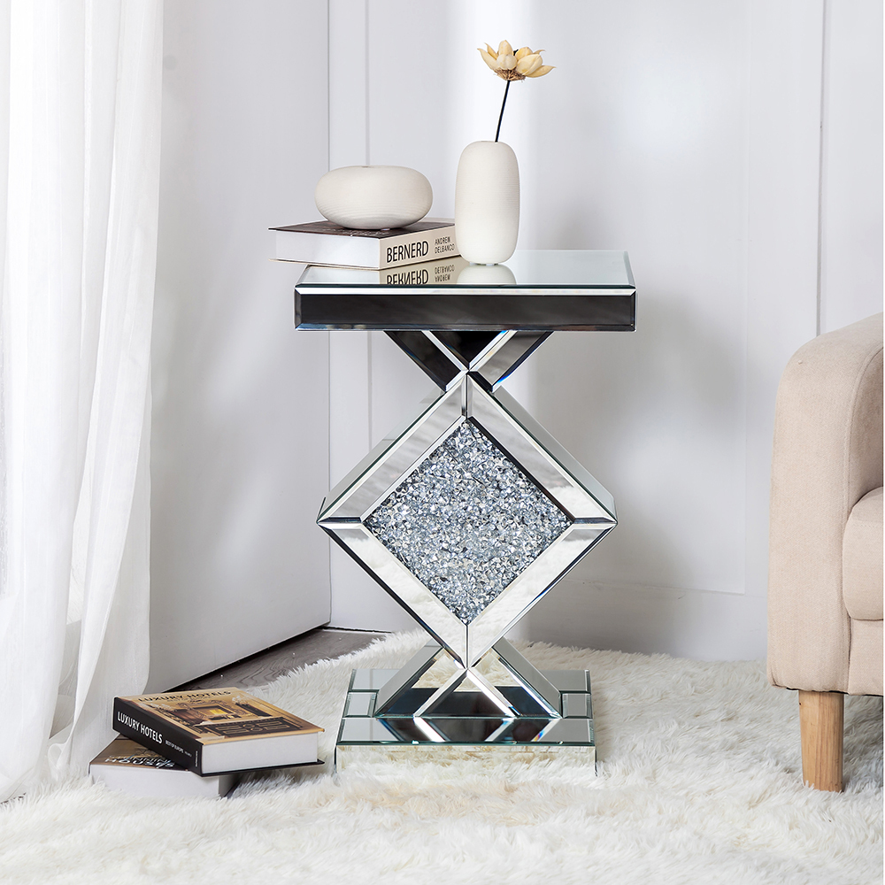SHYFOY Mirrored Crushed Diamond Side Table | Glass Mirror End Tables with Crystal Inlay