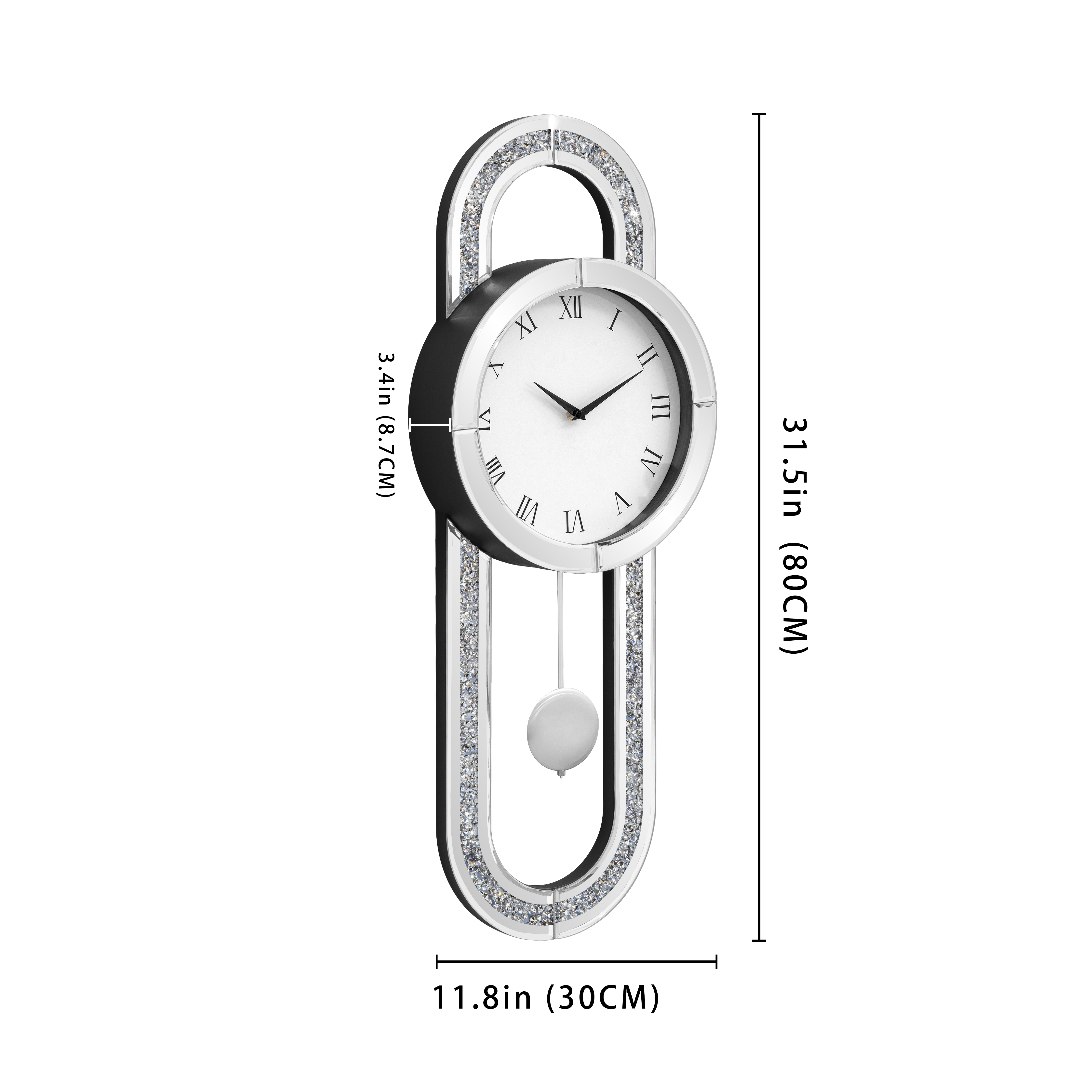 Decorative Wall Clock 31.5" Mirrored Pendulum Clock Silent Quality Quartz Luxury Large Wall Clocks with Crushed Diamond