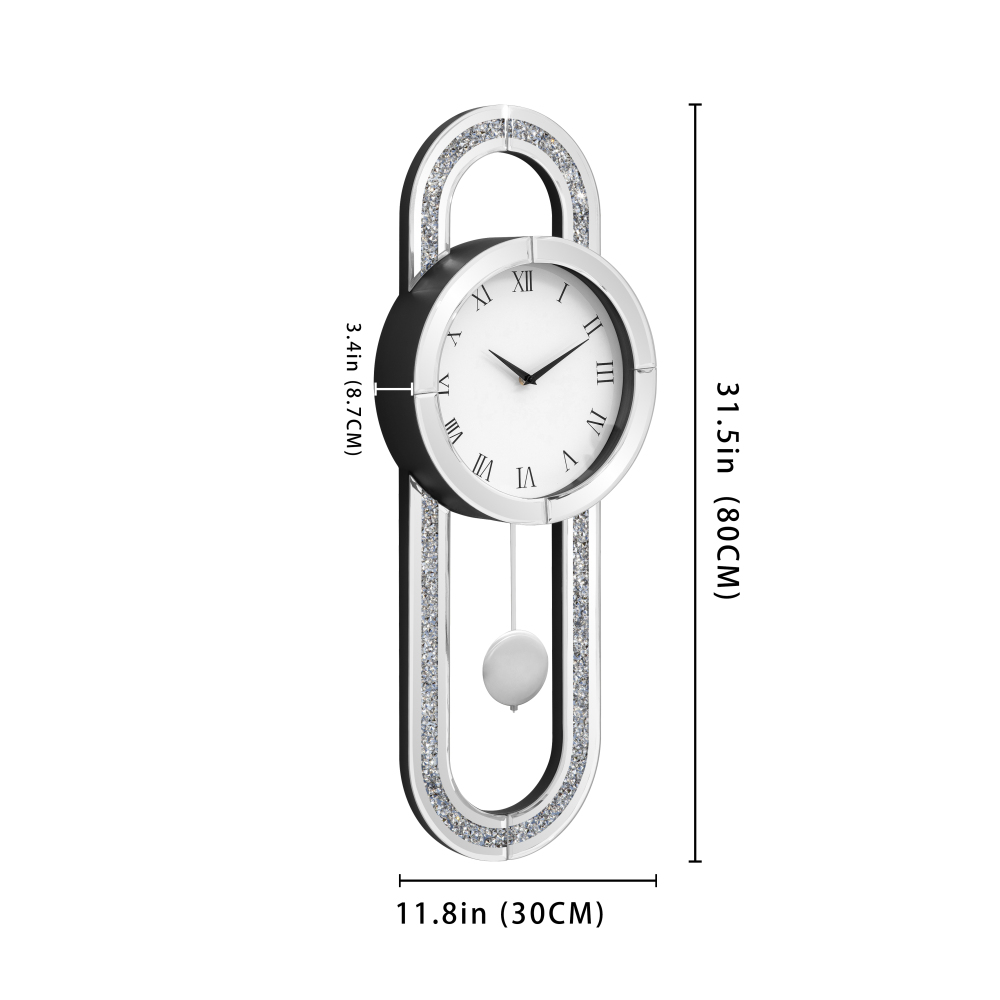 Decorative Wall Clock 31.5" Mirrored Pendulum Clock Silent Quality Quartz Luxury Large Wall Clocks with Crushed Diamond