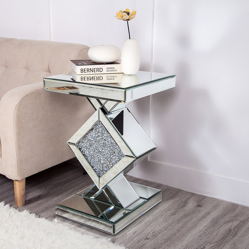 SHYFOY Mirrored Crushed Diamond Side Table | Glass Mirror End Tables with Crystal Inlay