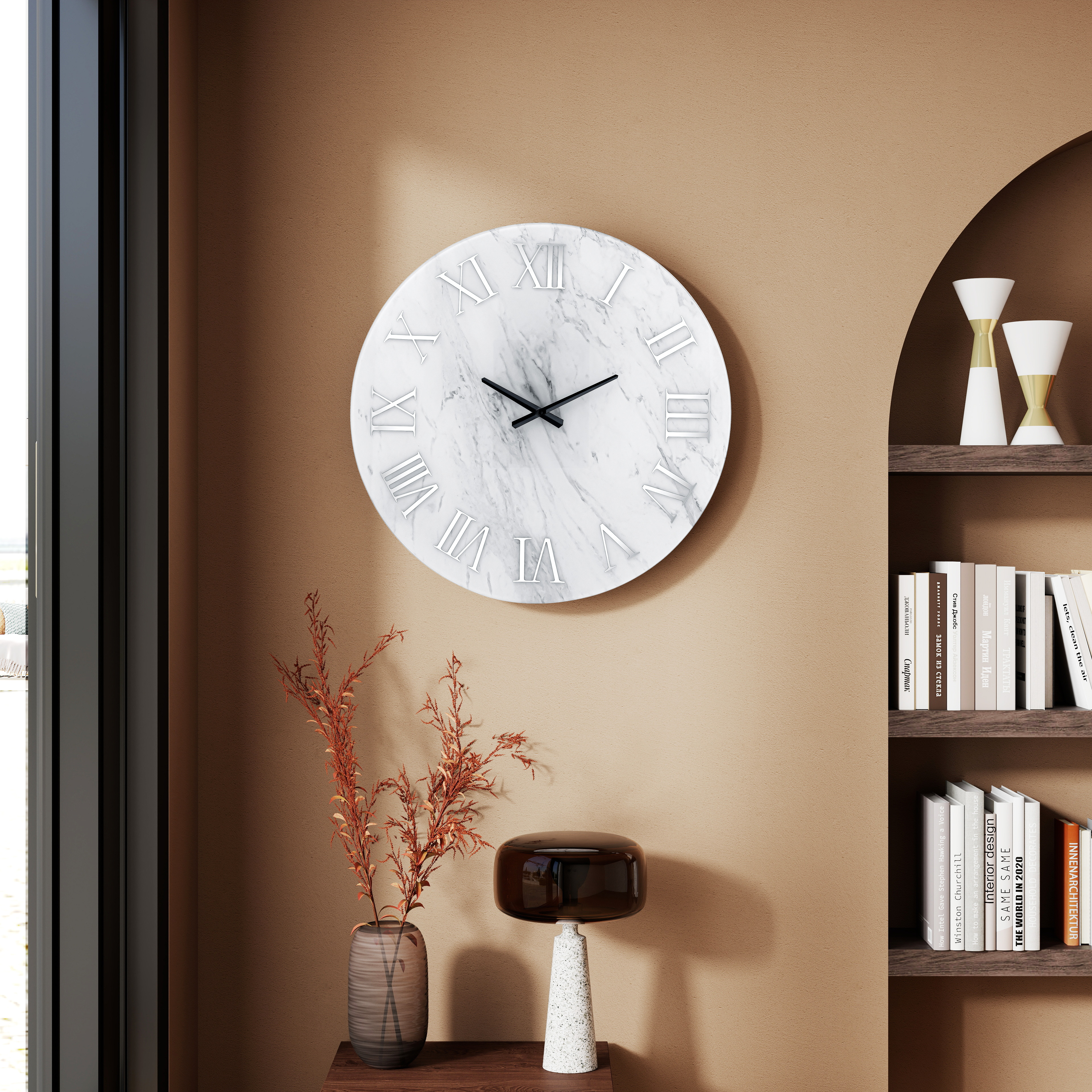 Modern Wall Clock - 23.62 Inch Frameless Marble Glass Wall Clock with Roman Numerals, Non-Ticking Large White Decorative Clock