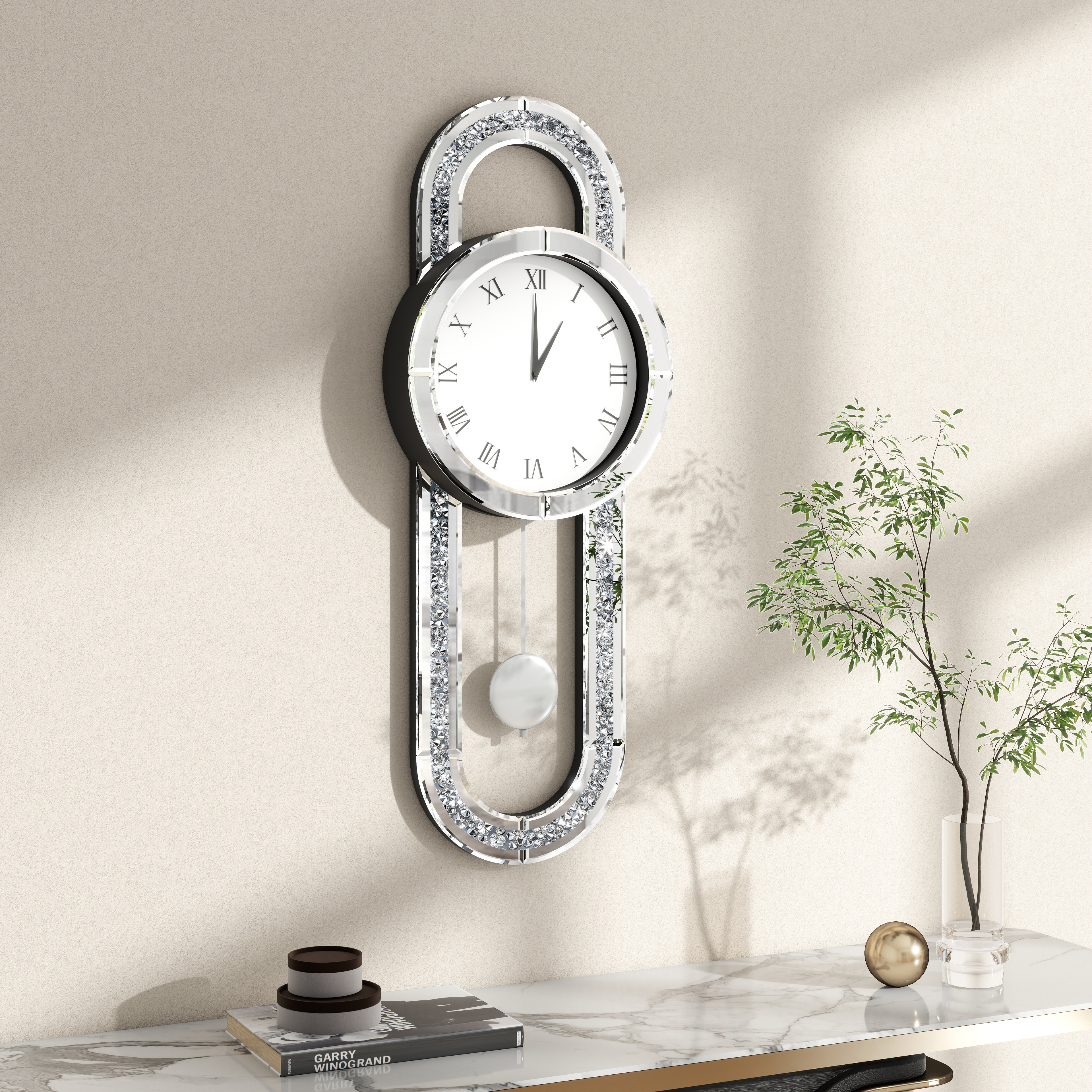 Decorative Wall Clock 31.5" Mirrored Pendulum Clock Silent Quality Quartz Luxury Large Wall Clocks with Crushed Diamond