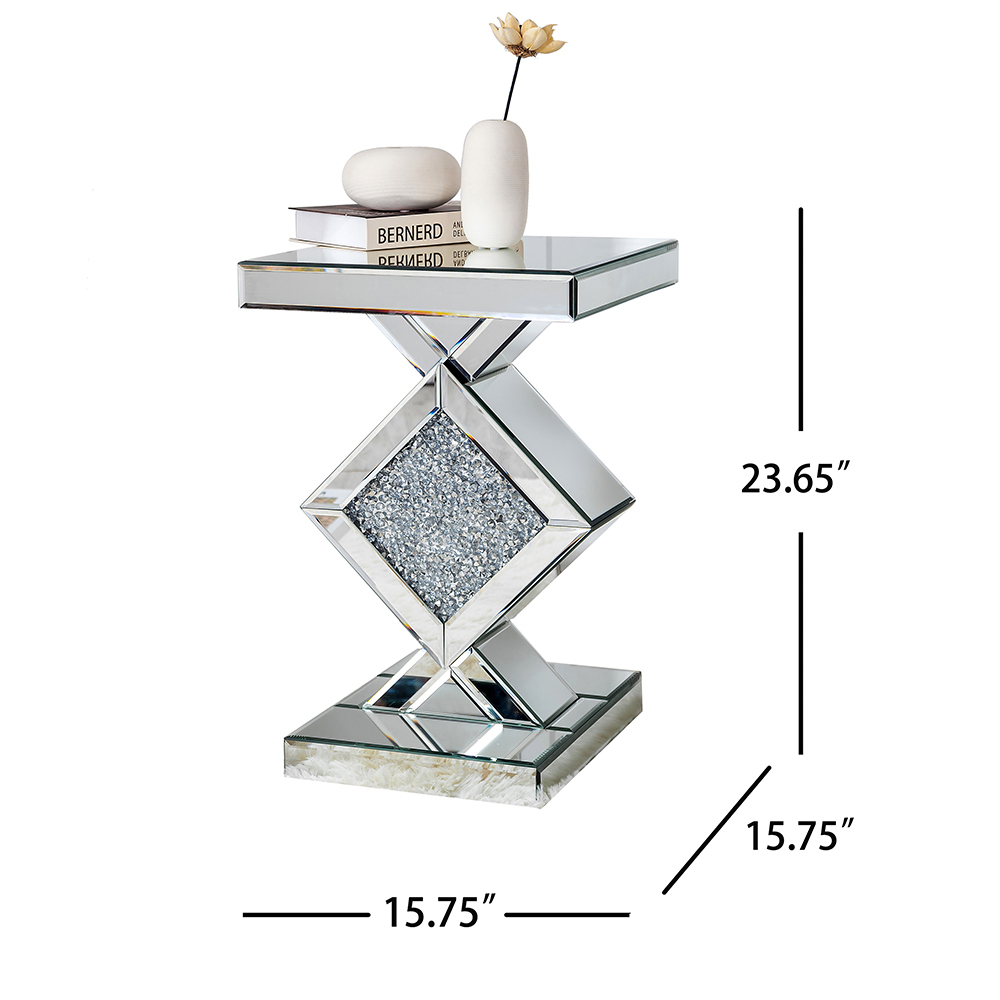 SHYFOY Mirrored Crushed Diamond Side Table | Glass Mirror End Tables with Crystal Inlay
