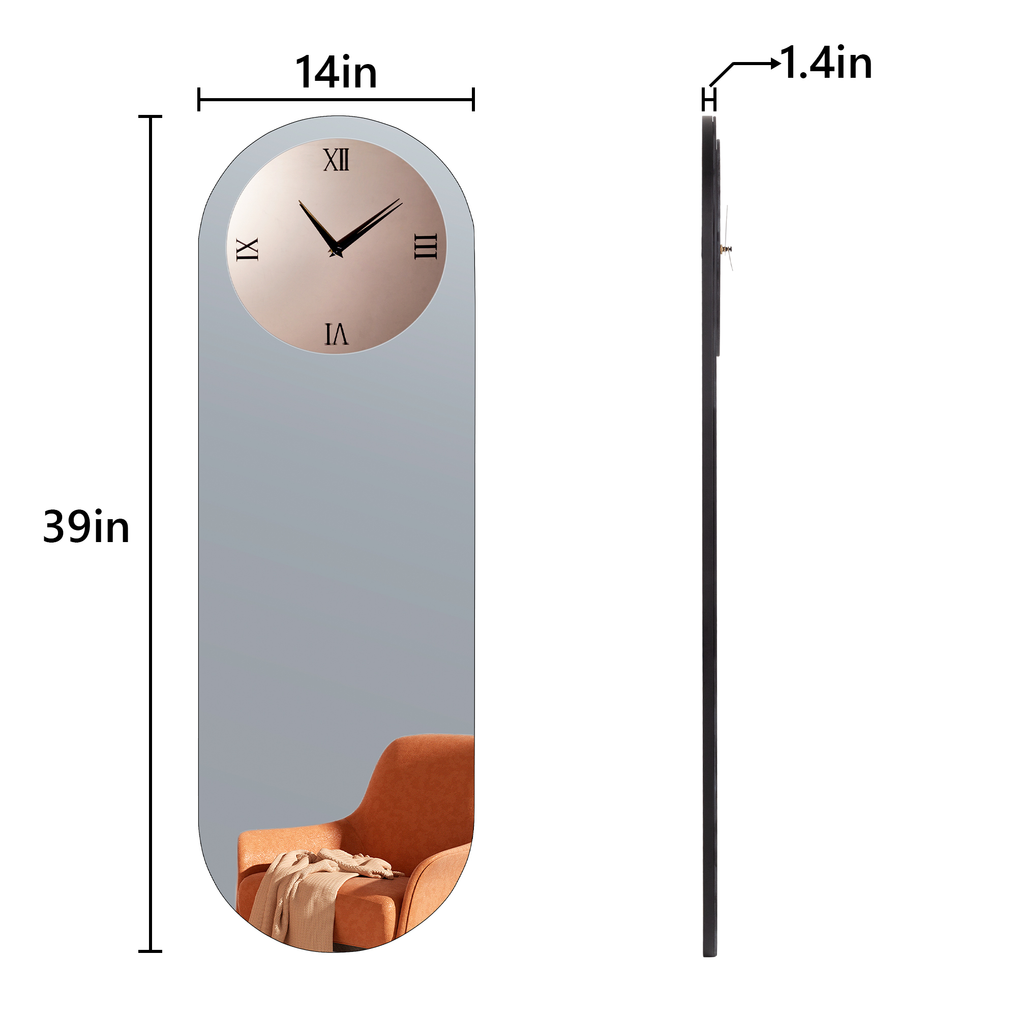 Glass Wall Clock for Living Room Decor, Modern Clocks Grey and Gold Mirror Finsh Oval Long Wall Decor